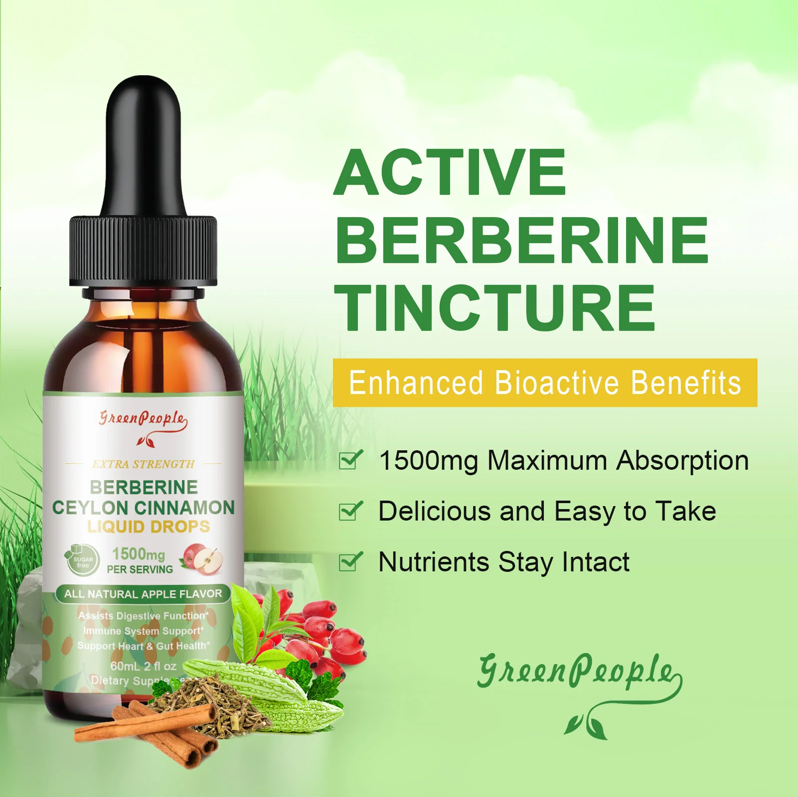 GREENPEOPLE (2 Packs) Berberine Liquid Supplement with Ceylon Cinnamon Berberine Drops 1500mg - Image 4