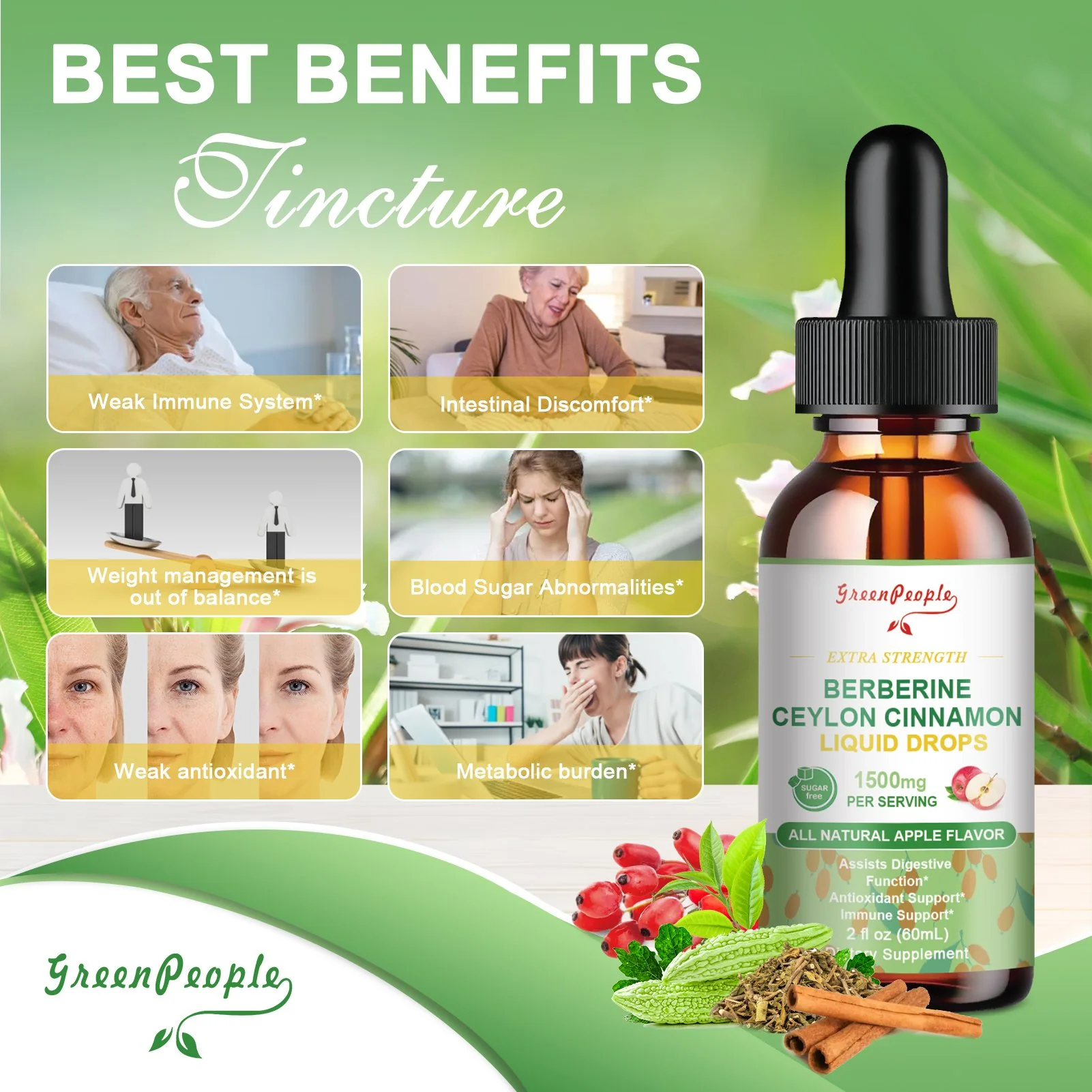 GREENPEOPLE (2 Packs) Berberine Liquid Supplement with Ceylon Cinnamon Berberine Drops 1500mg - Image 5
