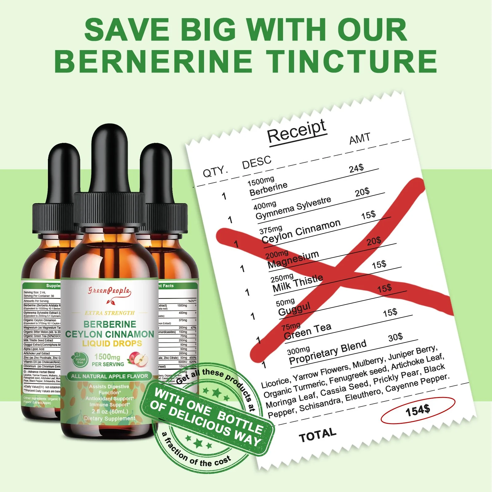 GREENPEOPLE (2 Packs) Berberine Liquid Supplement with Ceylon Cinnamon Berberine Drops 1500mg - Image 8