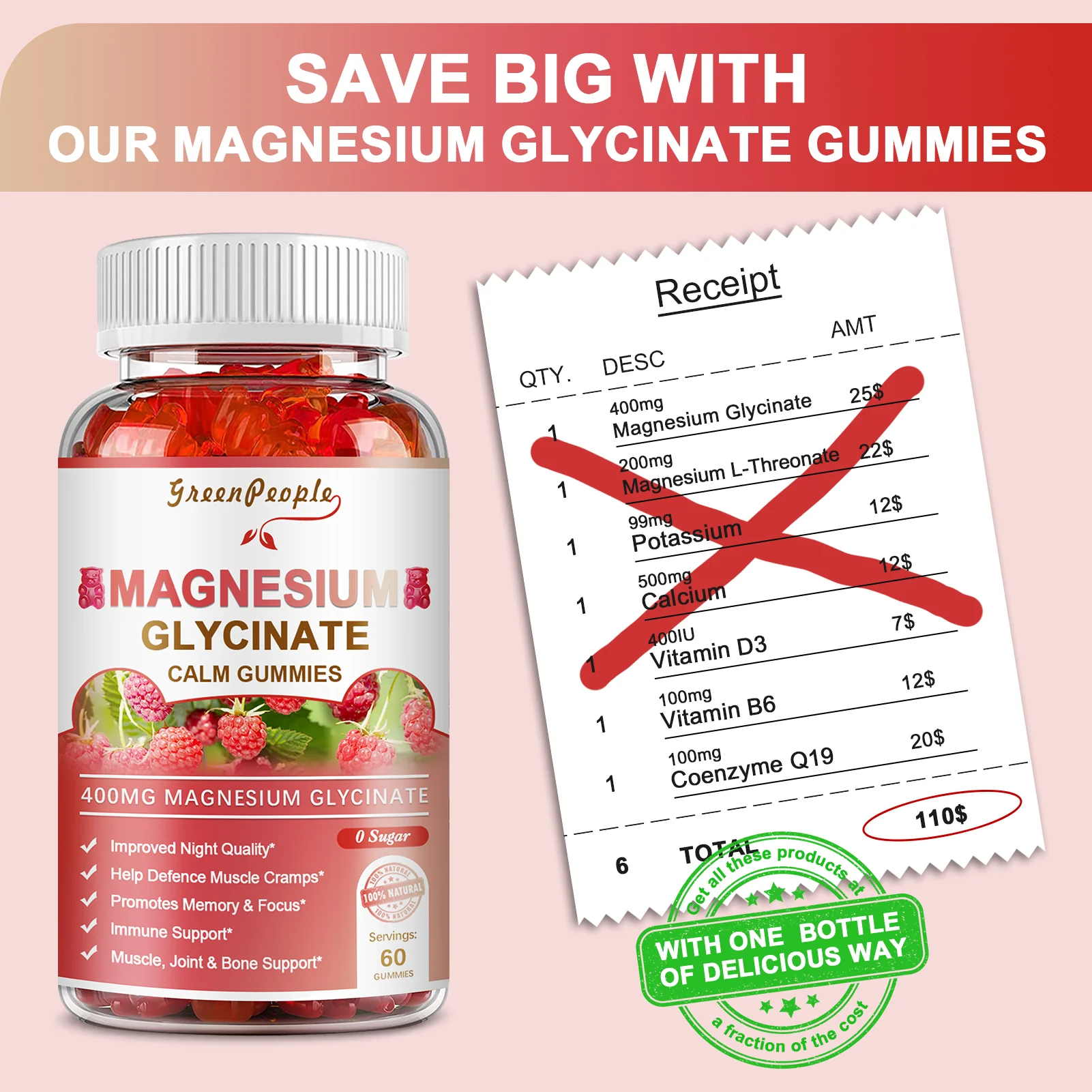 GreenPeople Magnesium Calm Gummies 60 Count Natural Raspberry - Image 6