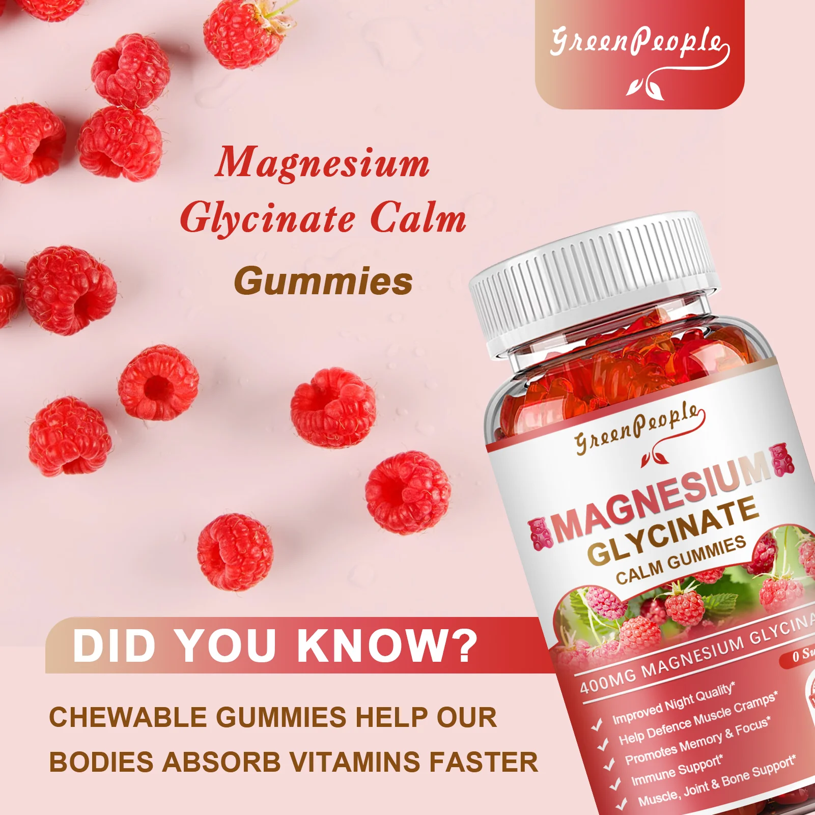 GreenPeople Magnesium Calm Gummies 60 Count Natural Raspberry - Image 8