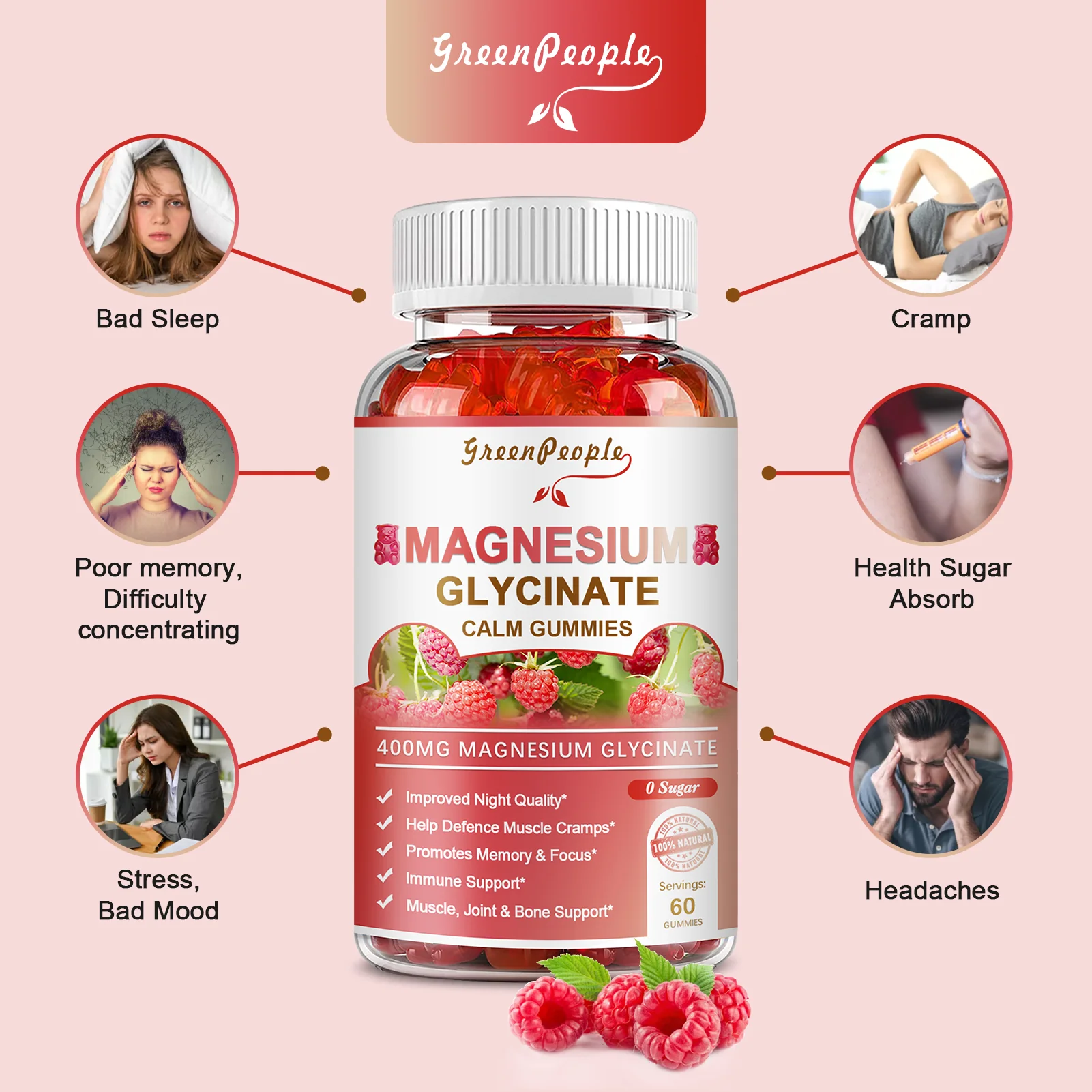 GreenPeople Magnesium Calm Gummies 60 Count Natural Raspberry - Image 5