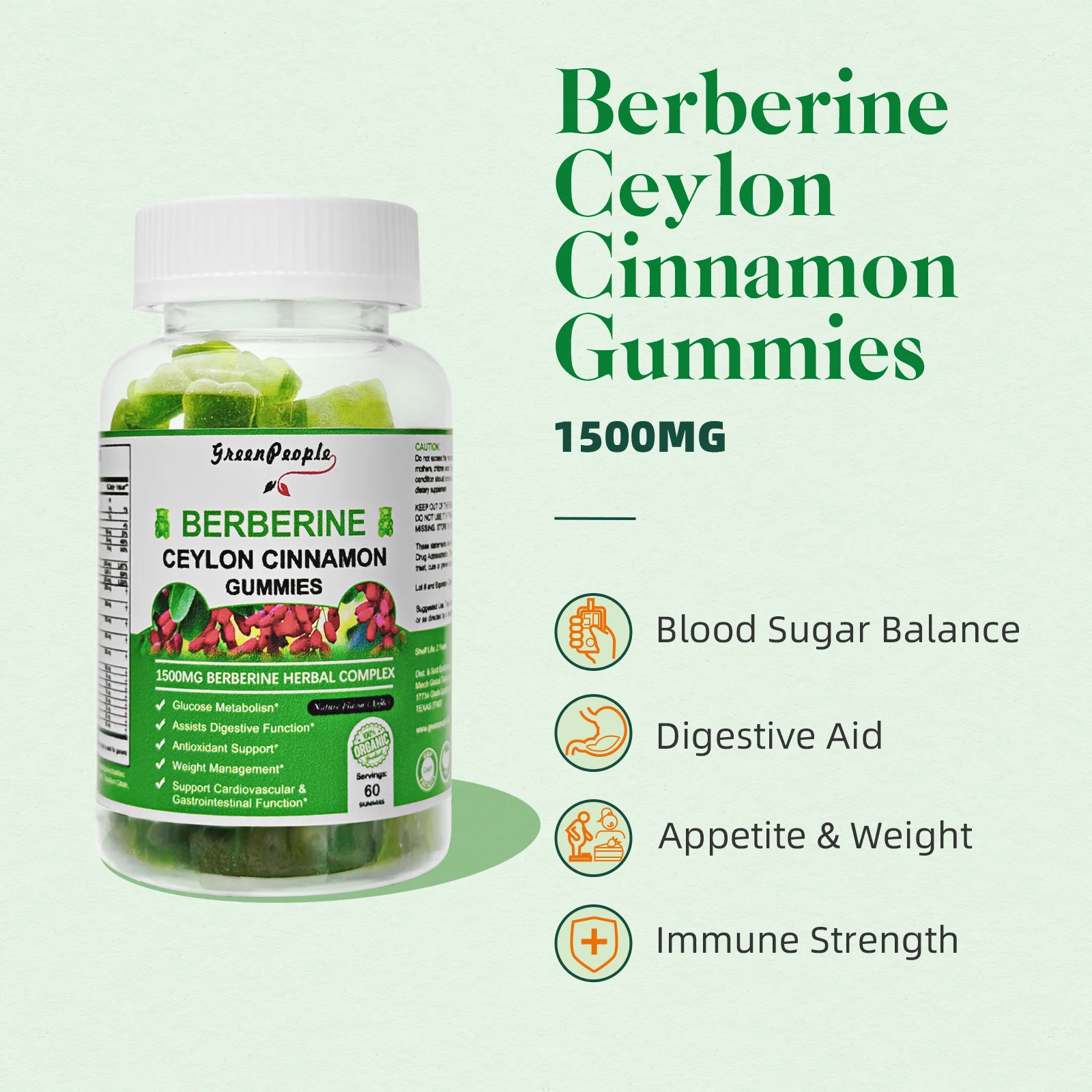 (2Pack) Berberine Gummies 1500mg with Ceylon Cinnamon 120 CT Apple Flavor - Image 4
