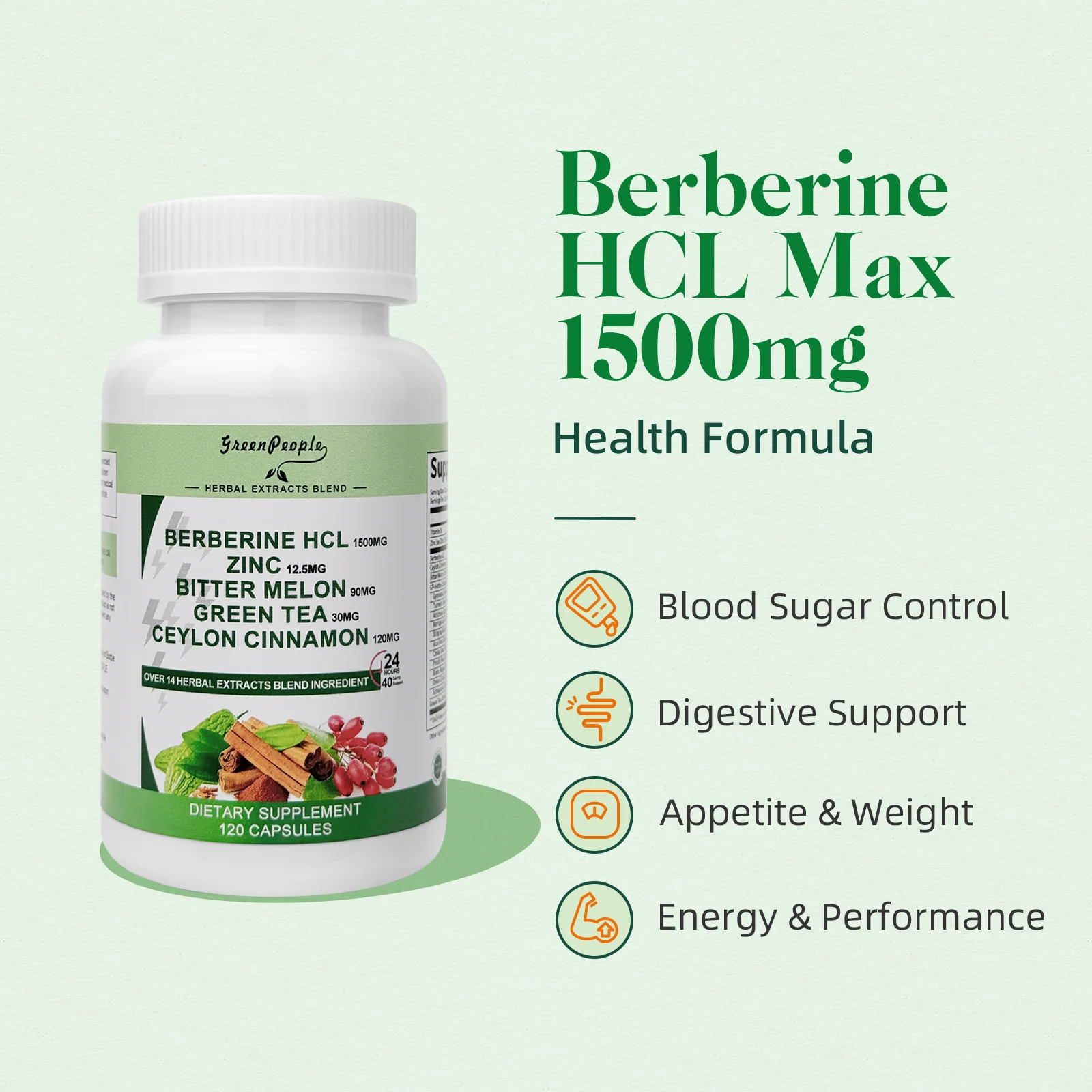 Berberine Capsules Supplement HCL 1500mg with Ceylon Cinnamon - 120 Counts - Image 3