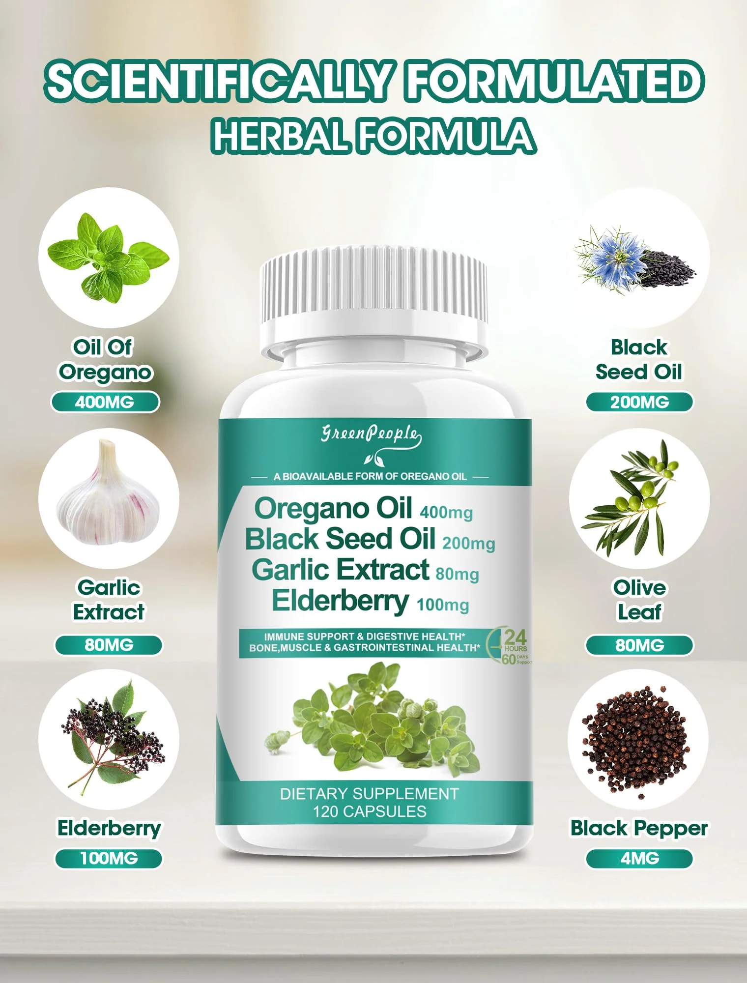 GreenPeople Organic Oregano Oil Complex with Black Seed Oil, Garlic & Elderberry – Immune & Digestive Support – 120 Vegan Capsules - Image 4