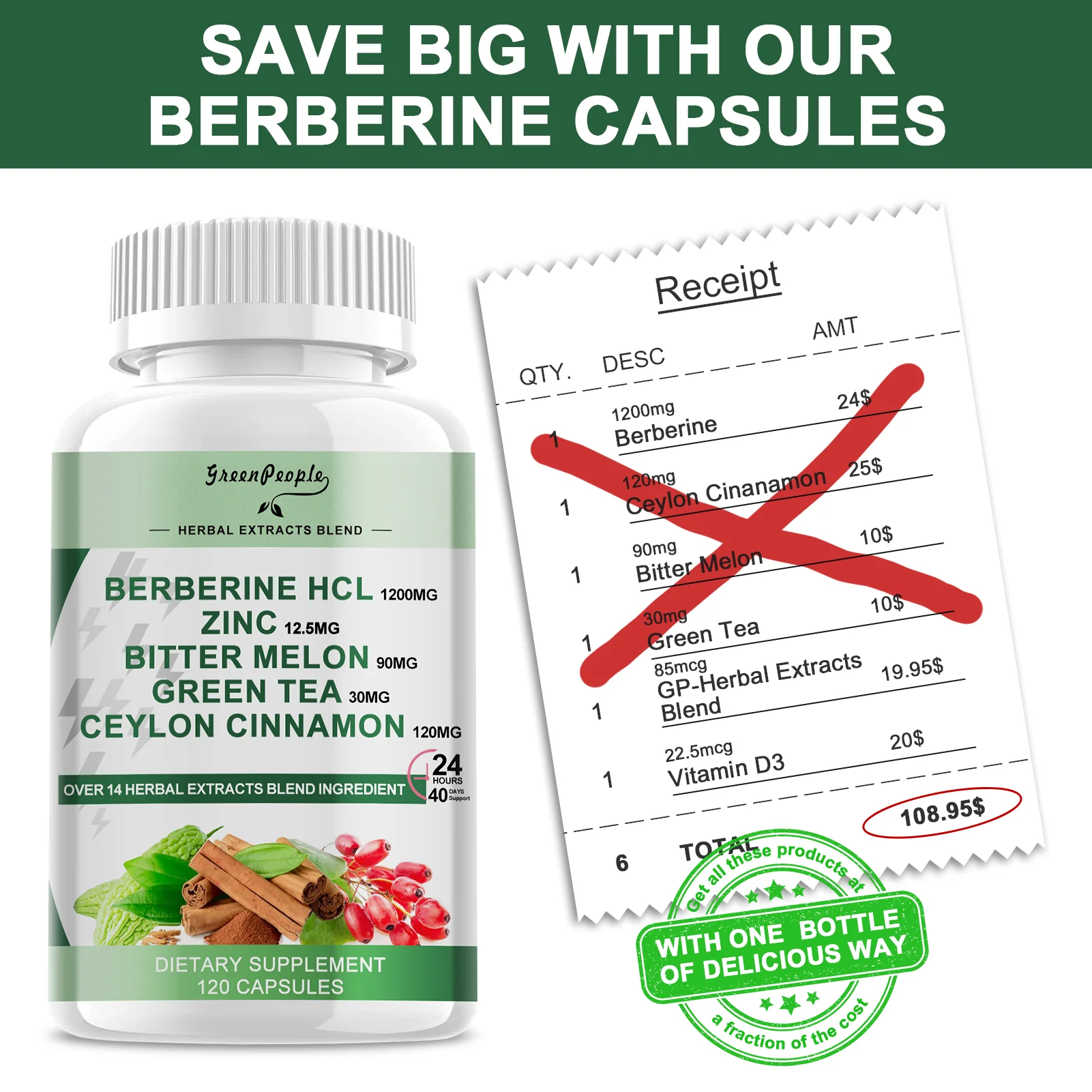 Berberine HCL 1200mg, 120 Capsules Berberine Supplement- Plus Bitter Melon Extract & Ceylon Cinnamon for Immune System - Image 4