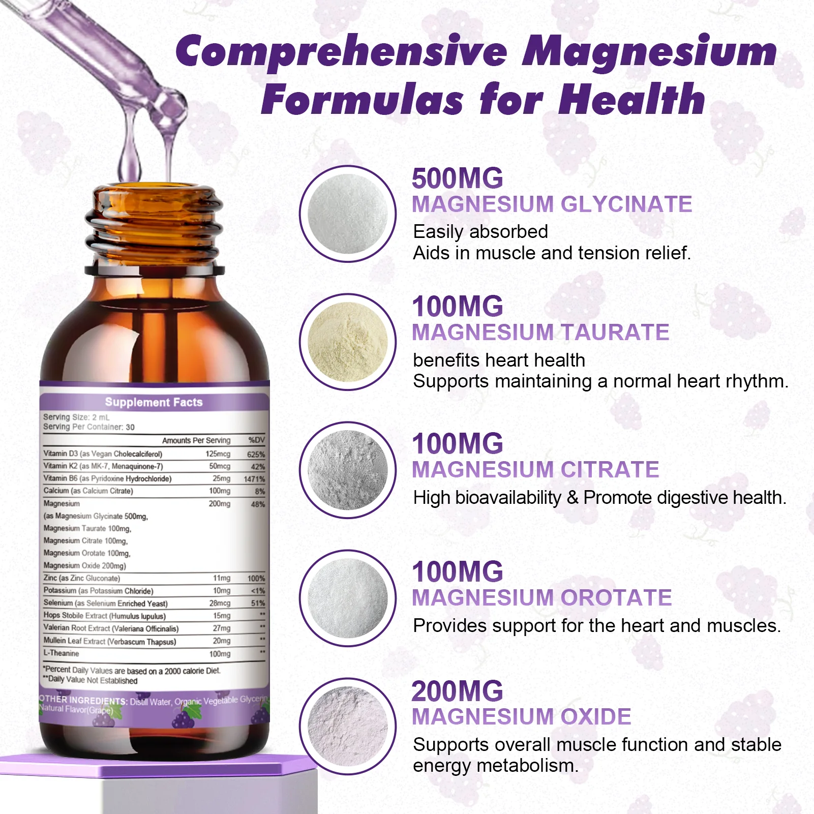 Magnesium Glycinate Liquid Drops – 1000mg 5-in-1 High Absorption Magnesium with D3/K2/B6, Fast-Acting, Sugar-Free Grape Flavor, 2 fl oz - Image 10