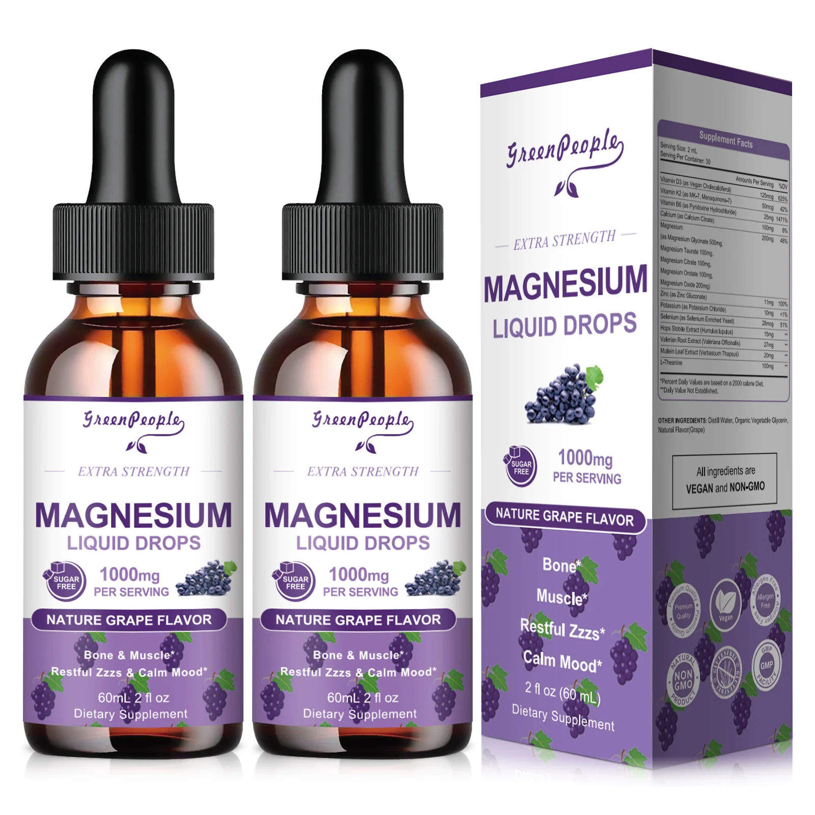 Magnesium Glycinate Liquid Drops – 1000mg 5-in-1 High Absorption Magnesium with D3/K2/B6, Fast-Acting, Sugar-Free Grape Flavor, 2 fl oz - Image 15
