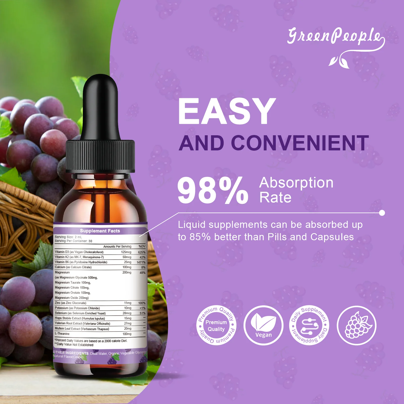 Magnesium Glycinate Liquid Drops – 1000mg 5-in-1 High Absorption Magnesium with D3/K2/B6, Fast-Acting, Sugar-Free Grape Flavor, 2 fl oz - Image 4