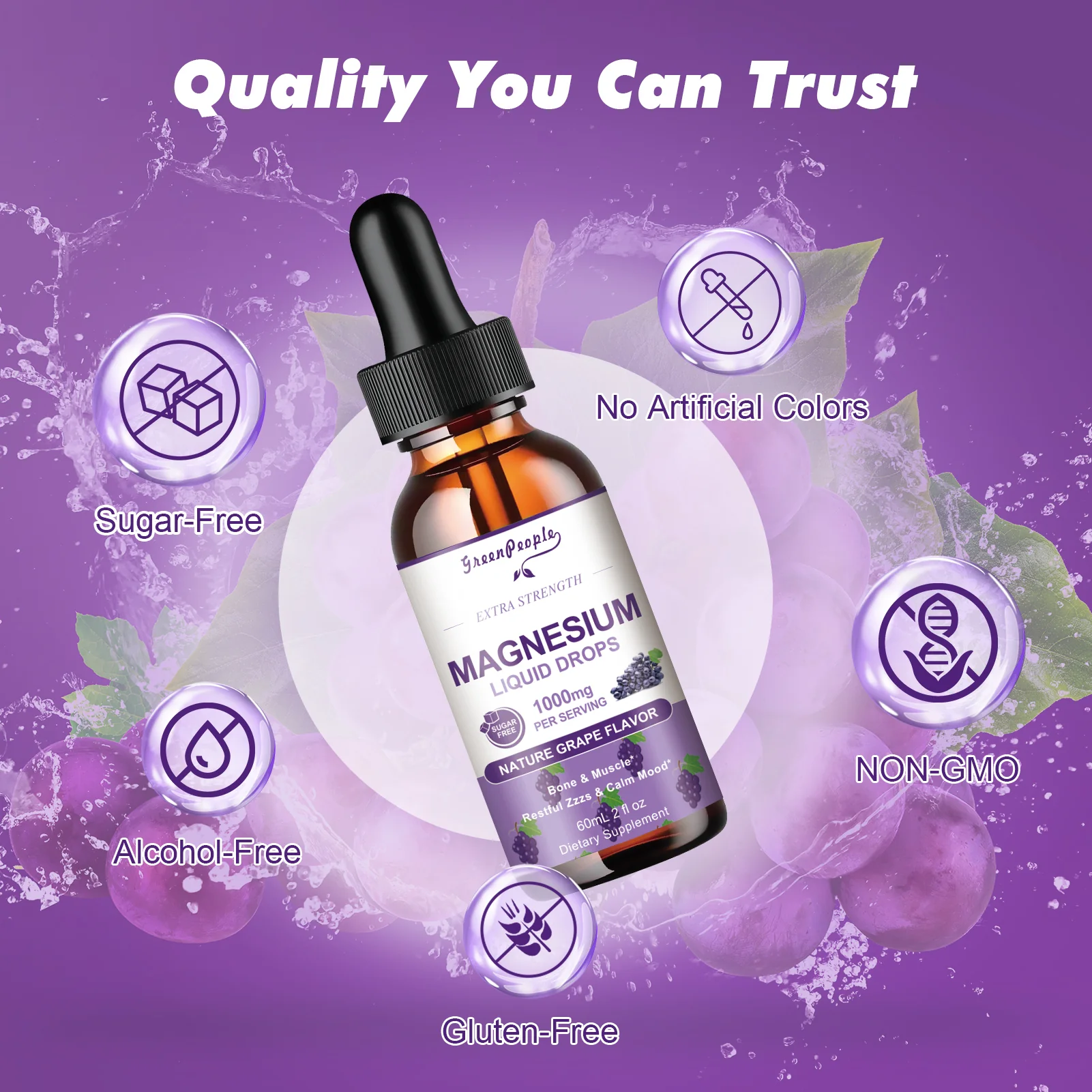 Magnesium Glycinate Liquid Drops – 1000mg 5-in-1 High Absorption Magnesium with D3/K2/B6, Fast-Acting, Sugar-Free Grape Flavor, 2 fl oz - Image 5