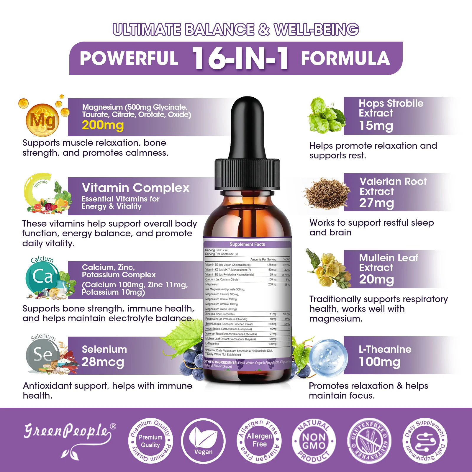 Magnesium Glycinate Liquid Drops – 1000mg 5-in-1 High Absorption Magnesium with D3/K2/B6, Fast-Acting, Sugar-Free Grape Flavor, 2 fl oz - Image 6