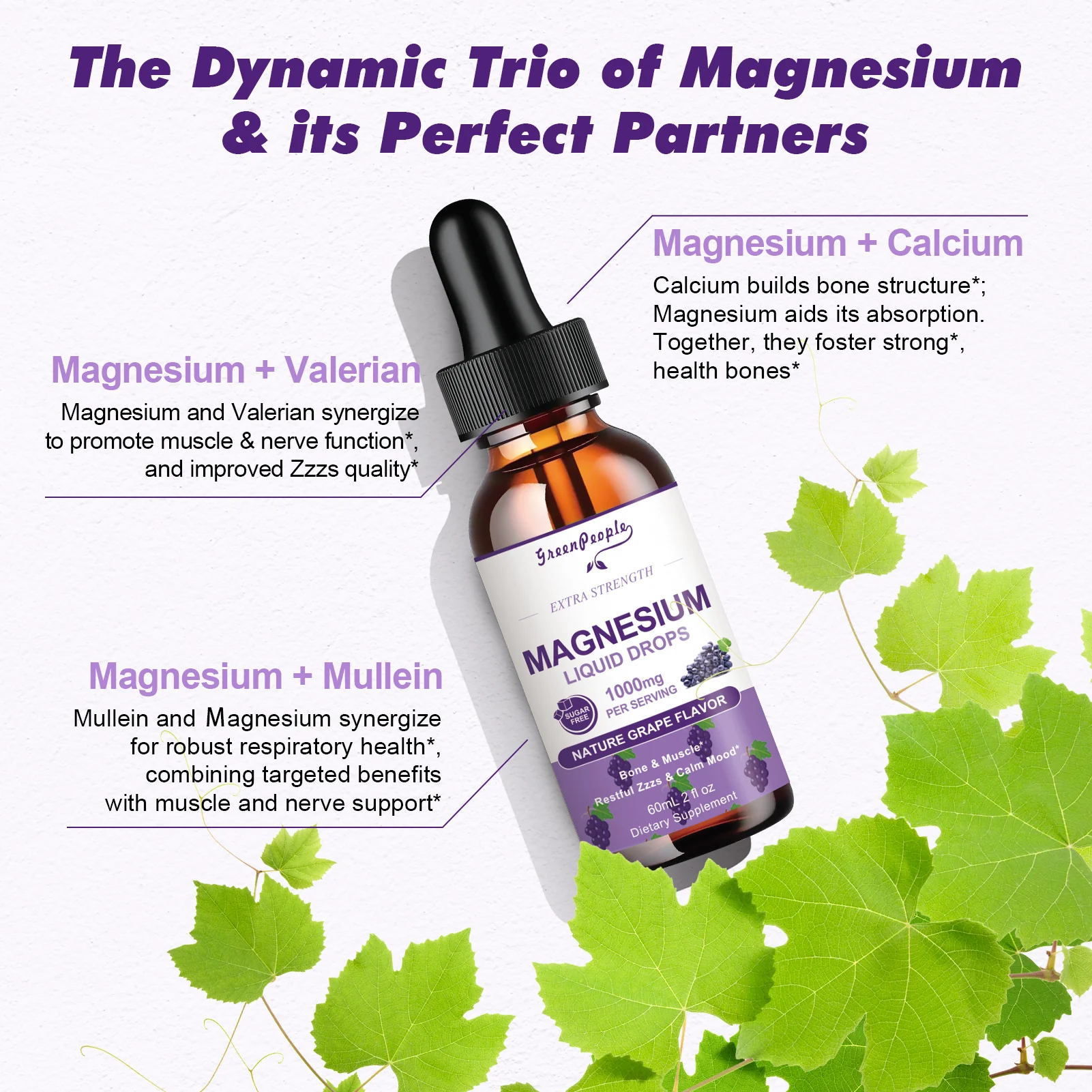 Magnesium Glycinate Liquid Drops – 1000mg 5-in-1 High Absorption Magnesium with D3/K2/B6, Fast-Acting, Sugar-Free Grape Flavor, 2 fl oz - Image 9