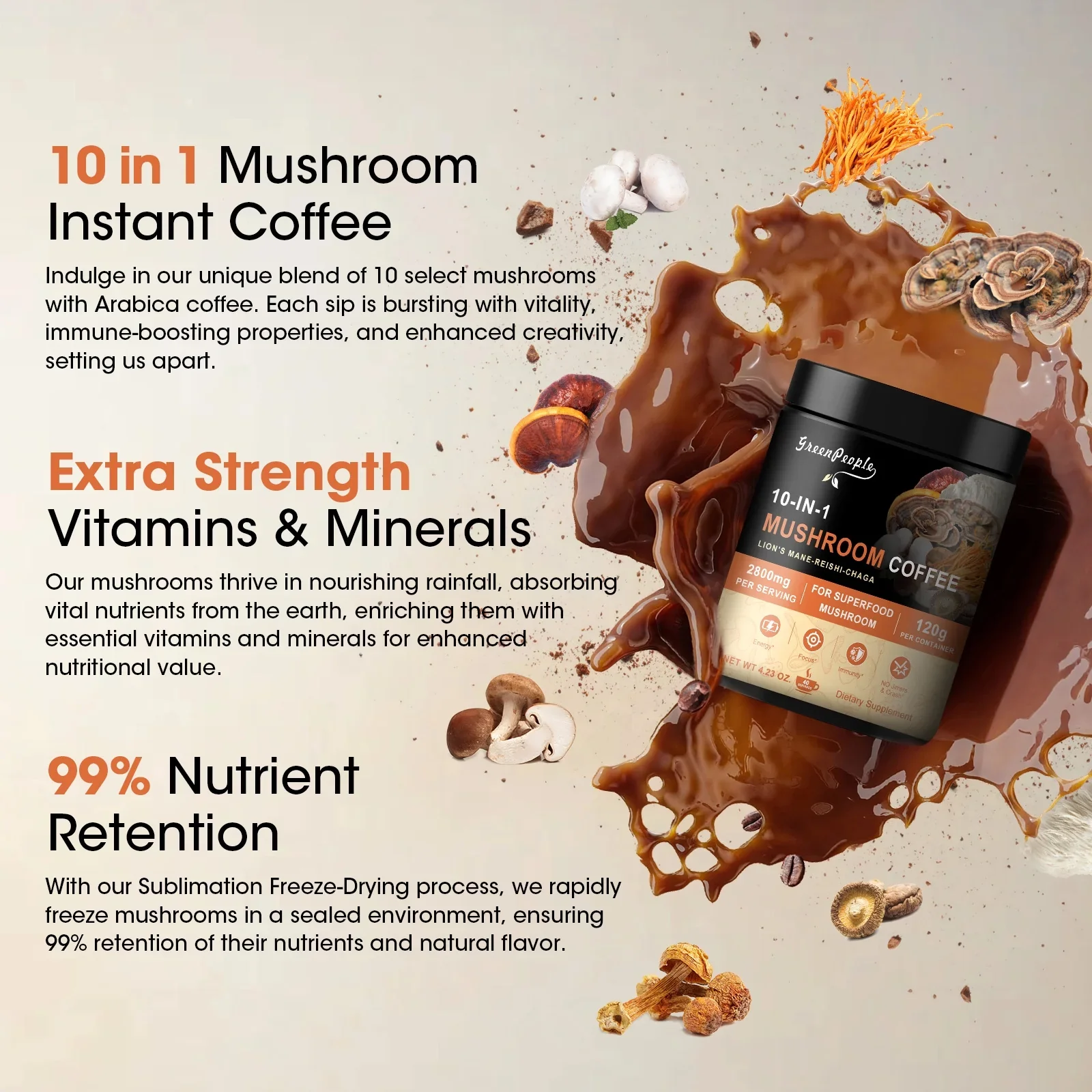 GreenPeople 10-in-1 Mushroom Instant Coffee 120g | Awaken Your Mind & Body - Image 4