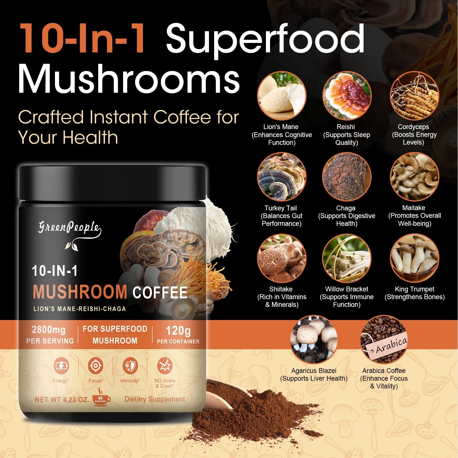 GreenPeople 10-in-1 Mushroom Instant Coffee 120g | Awaken Your Mind & Body - Image 7