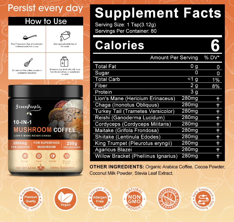 GreenPeople 10-in-1 Mushroom Instant Coffee 120g | Awaken Your Mind & Body - Image 9