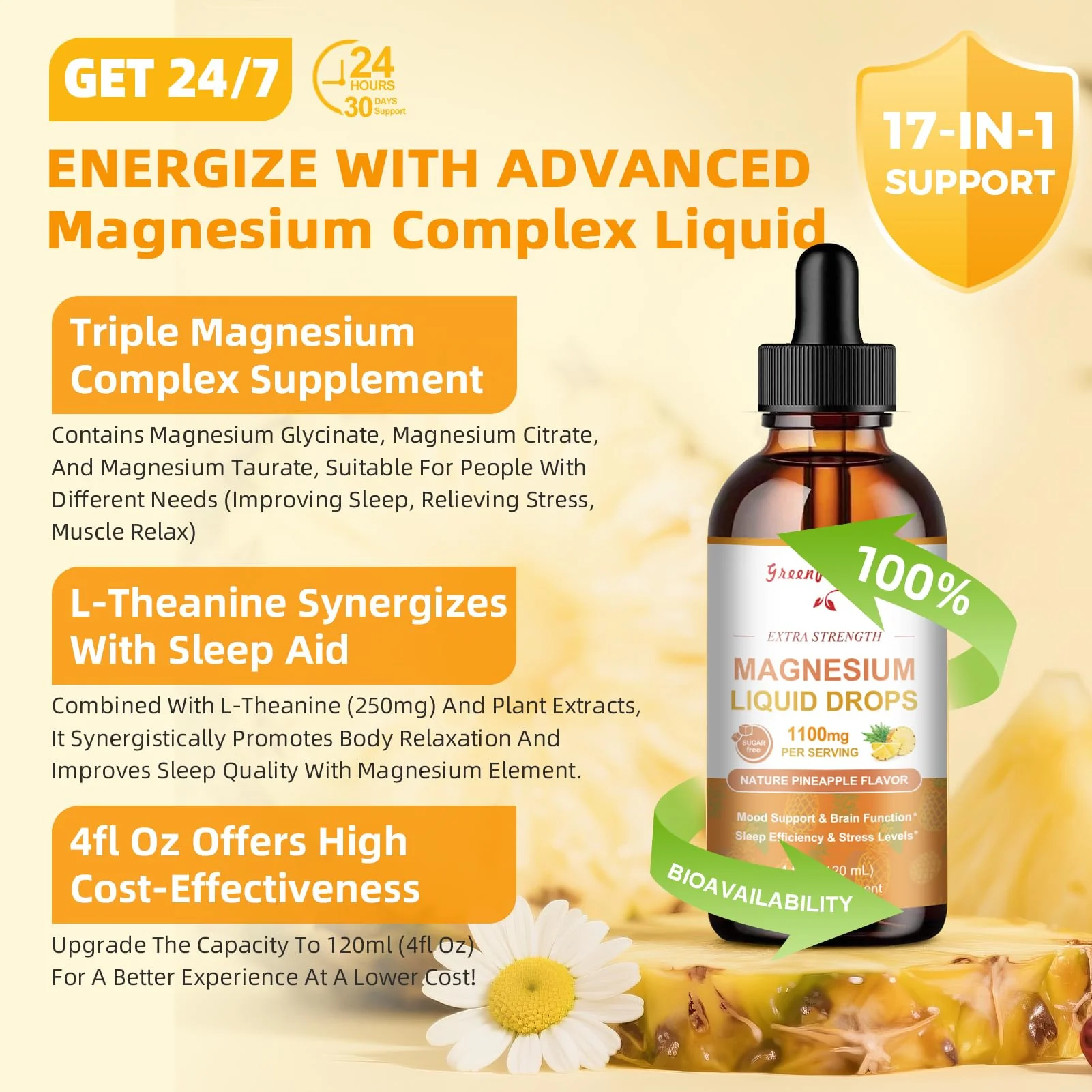 GreenPeople Magnesium Glycinate Liquid Drops – 17-in-1 Triple Magnesium Complex, High Absorption, Pineapple Flavor, 4 fl. oz (2 Pack) - Image 4