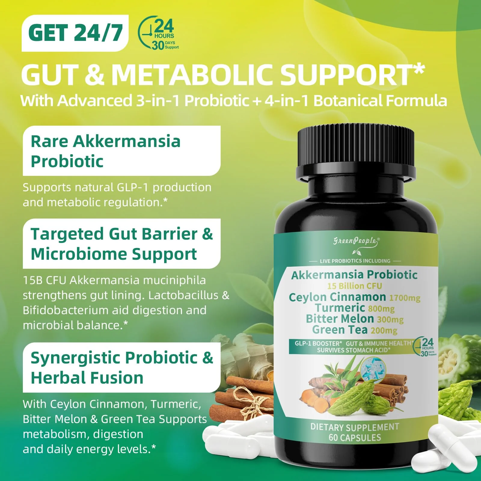 GreenPeople Akkermansia Probiotics 15B CFU with Ceylon Cinnamon & Turmeric – Gut & Metabolic Support, 60 Capsules - Image 3