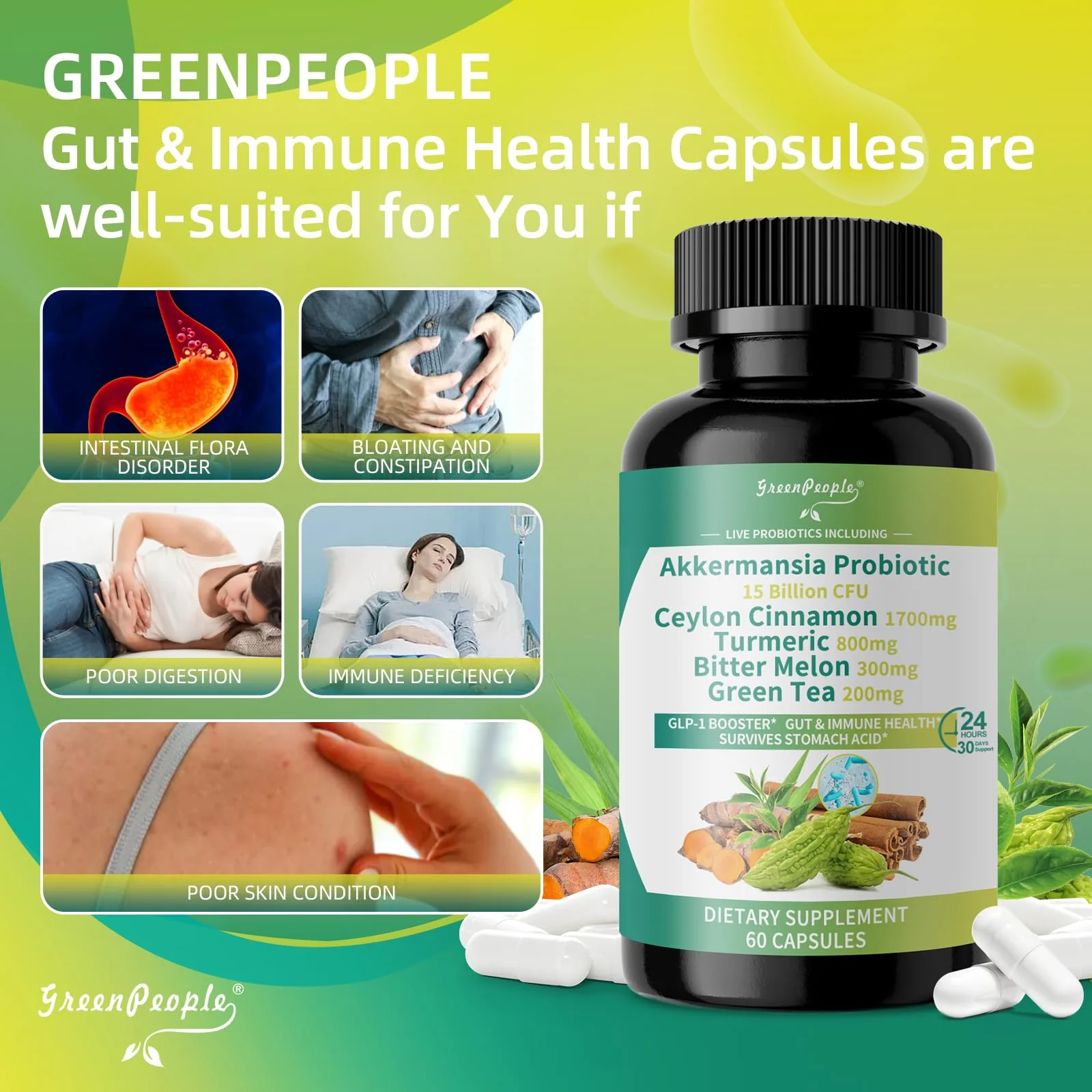 GreenPeople Akkermansia Probiotics 15B CFU with Ceylon Cinnamon & Turmeric – Gut & Metabolic Support, 60 Capsules - Image 5