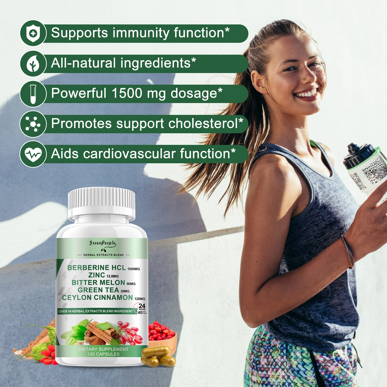 GreenPeople Berberine 1500mg Supplement with Ceylon Cinnamon Bitter Melon/Artichoke Extracts & Natural Herbs for Immune Support - Image 4
