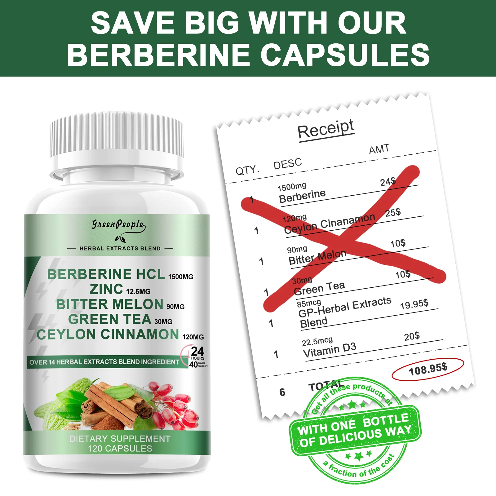 GreenPeople Berberine 1500mg Supplement with Ceylon Cinnamon Bitter Melon/Artichoke Extracts & Natural Herbs for Immune Support - Image 8