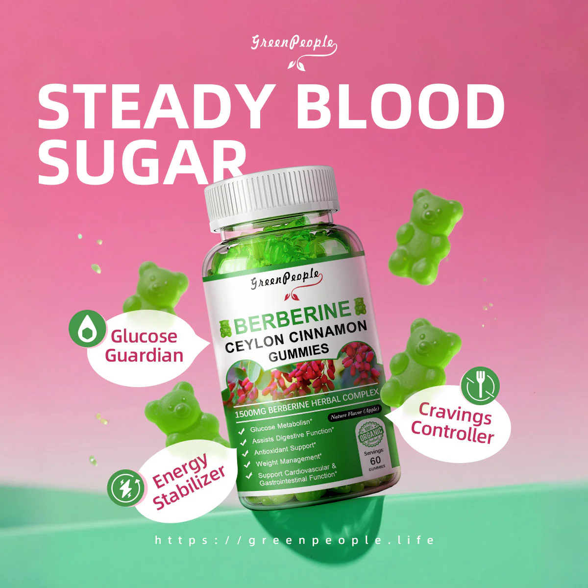 GreenPeople Berberine Ceylon Cinnamon Gummies Apple Flavor - Image 3