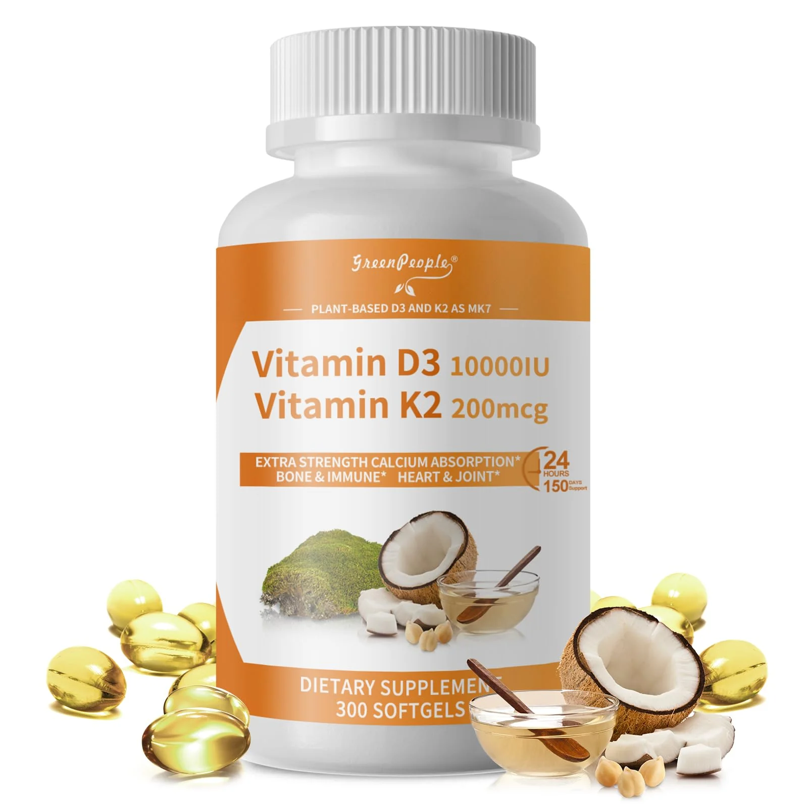 GreenPeople D3 K2 Vitamin Softgels Capsules Supplement MK7 Gluten Free and Non-GMO 300 Vegan Coconut Oil - Image 10