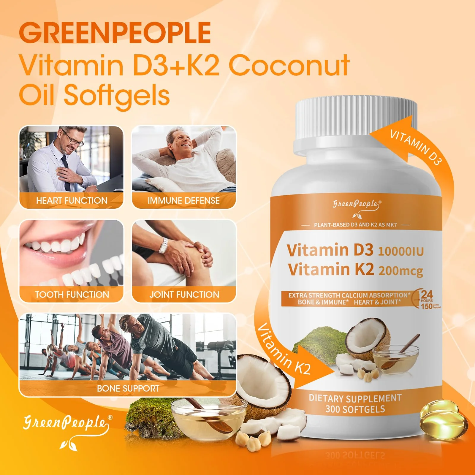 GreenPeople D3 K2 Vitamin Softgels Capsules Supplement MK7 Gluten Free and Non-GMO 300 Vegan Coconut Oil - Image 3