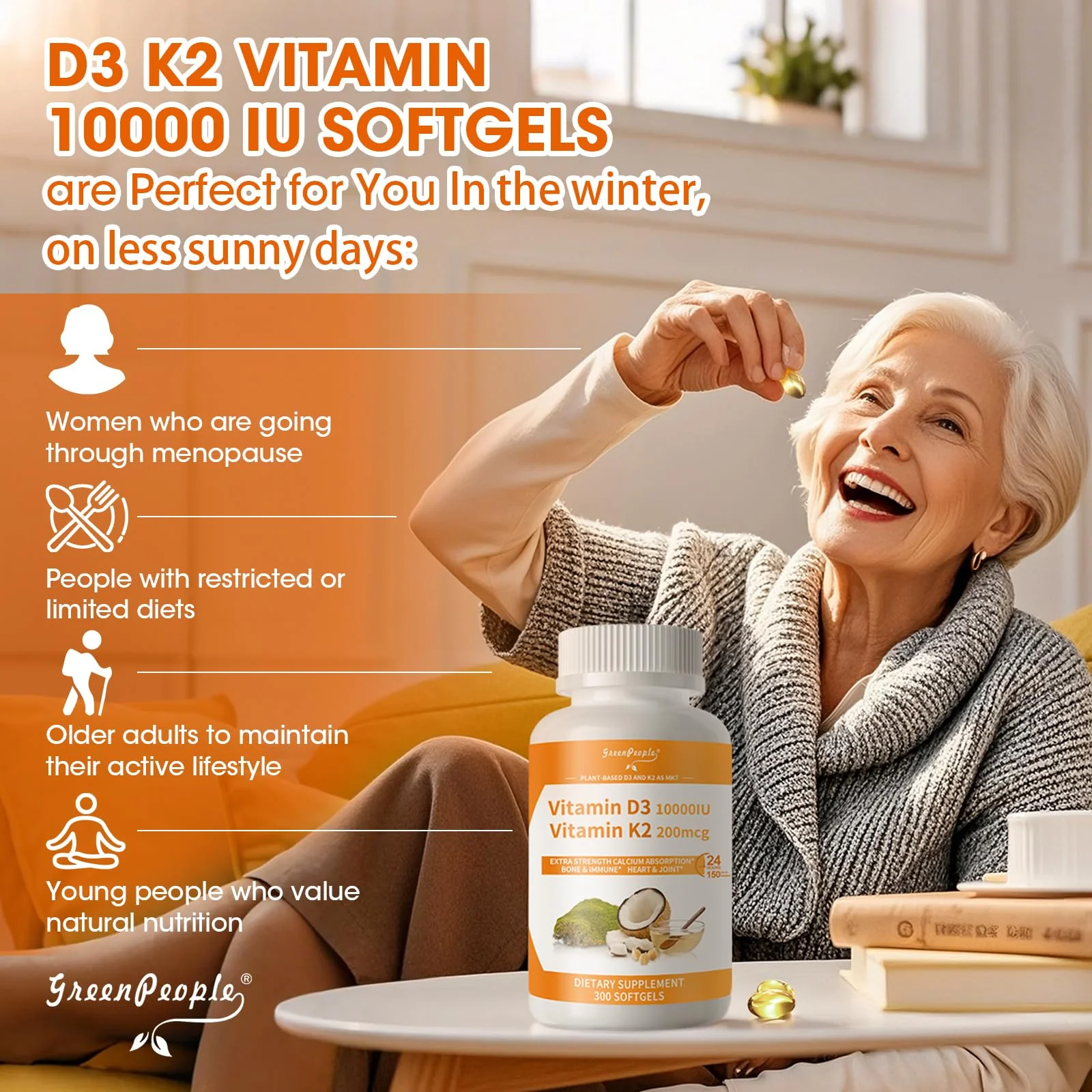 GreenPeople D3 K2 Vitamin Softgels Capsules Supplement MK7 Gluten Free and Non-GMO 300 Vegan Coconut Oil - Image 6