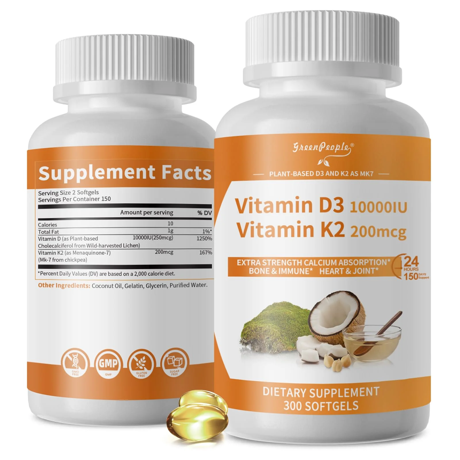 GreenPeople D3 K2 Vitamin Softgels Capsules Supplement MK7 Gluten Free and Non-GMO 300 Vegan Coconut Oil - Image 9