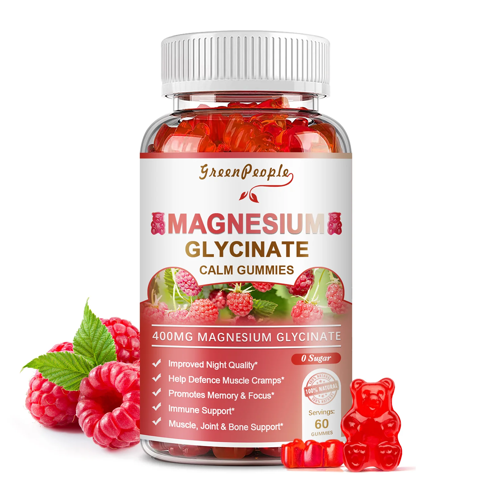 GreenPeople Magnesium Calm Gummies 60 Count Natural Raspberry - Image 10