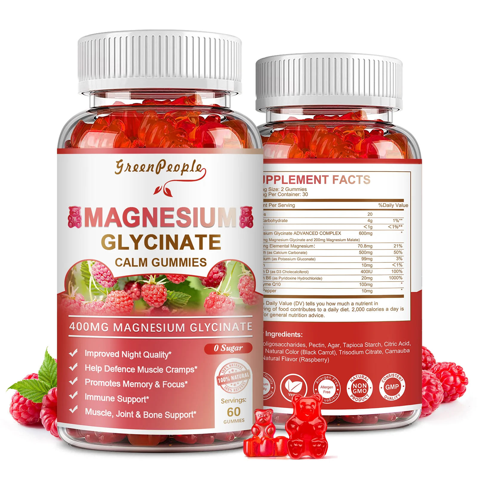 GreenPeople Magnesium Calm Gummies 60 Count Natural Raspberry - Image 11