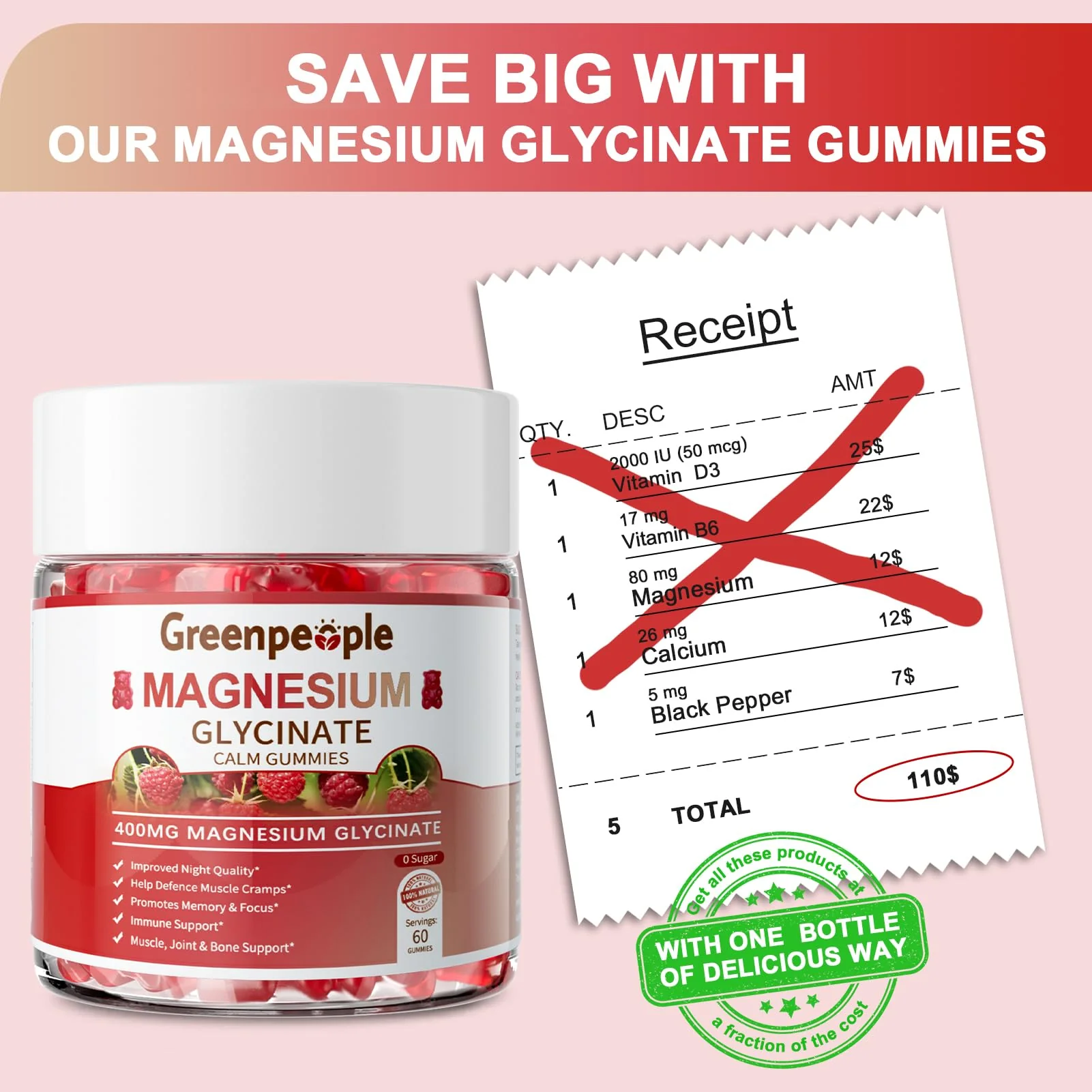 GreenPeople Magnesium Glycinate Gummies 400mg (2-Pack) - Sugar-Free Mag Citrate, D3, B6 for Calm, Sleep & Muscle Support - Image 6