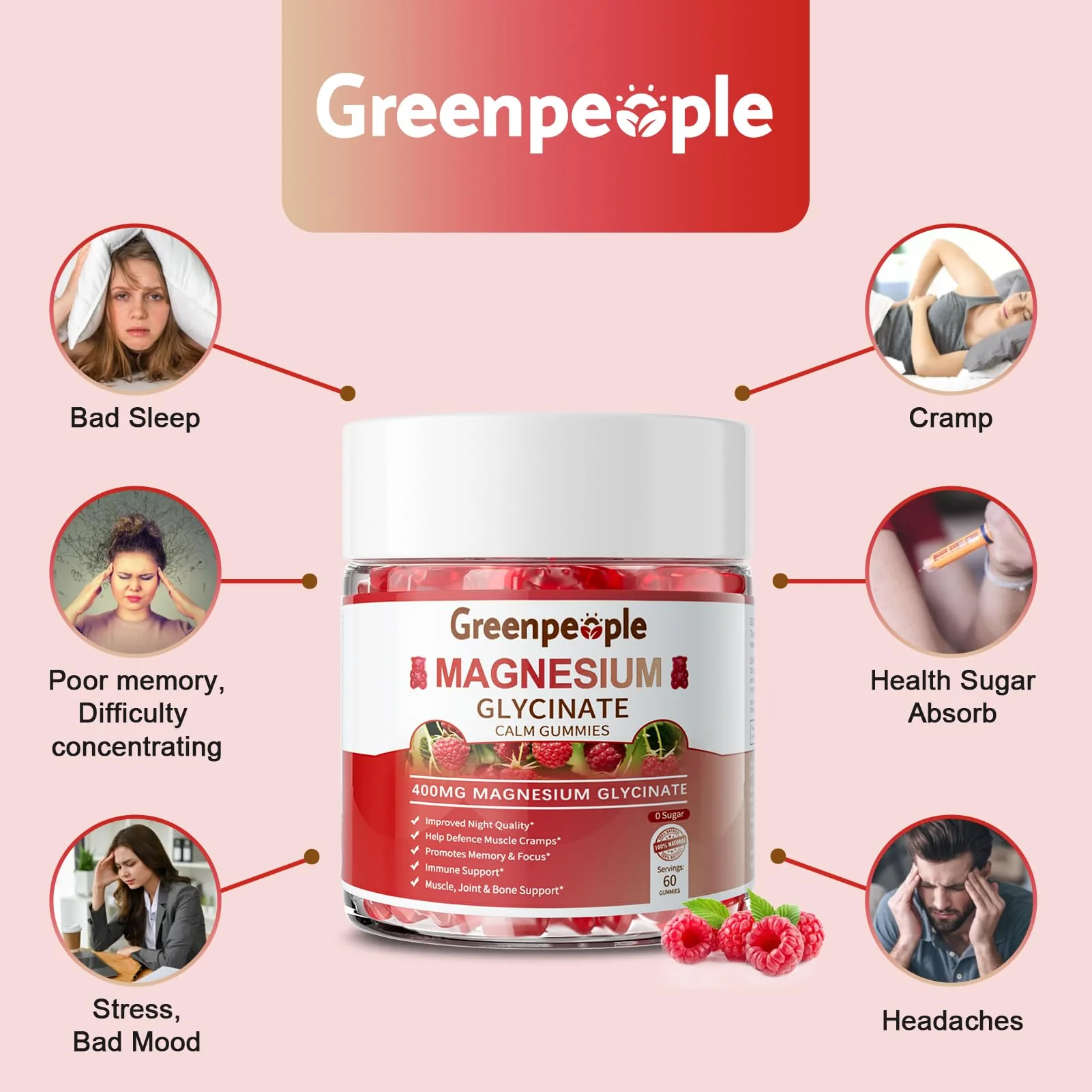 GreenPeople Magnesium Glycinate Gummies 400mg (1-Pack) - Sugar-Free Mag Citrate, D3, B6 for Calm, Sleep & Muscle Support - Image 4