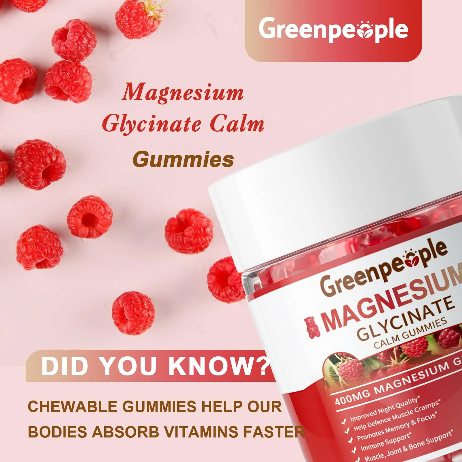 GreenPeople Magnesium Glycinate Gummies 400mg (1-Pack) - Sugar-Free Mag Citrate, D3, B6 for Calm, Sleep & Muscle Support - Image 5