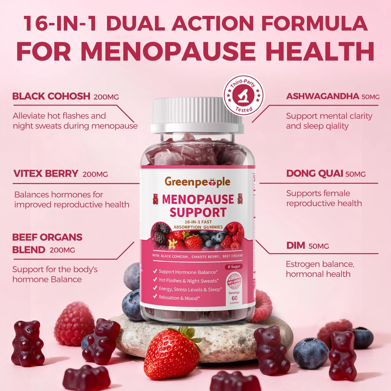 GreenPeople Menopause Relief Gummies — 16-in-1 Herbal + Beef Organ Support, Sugar-Free, 60 CT - Image 3