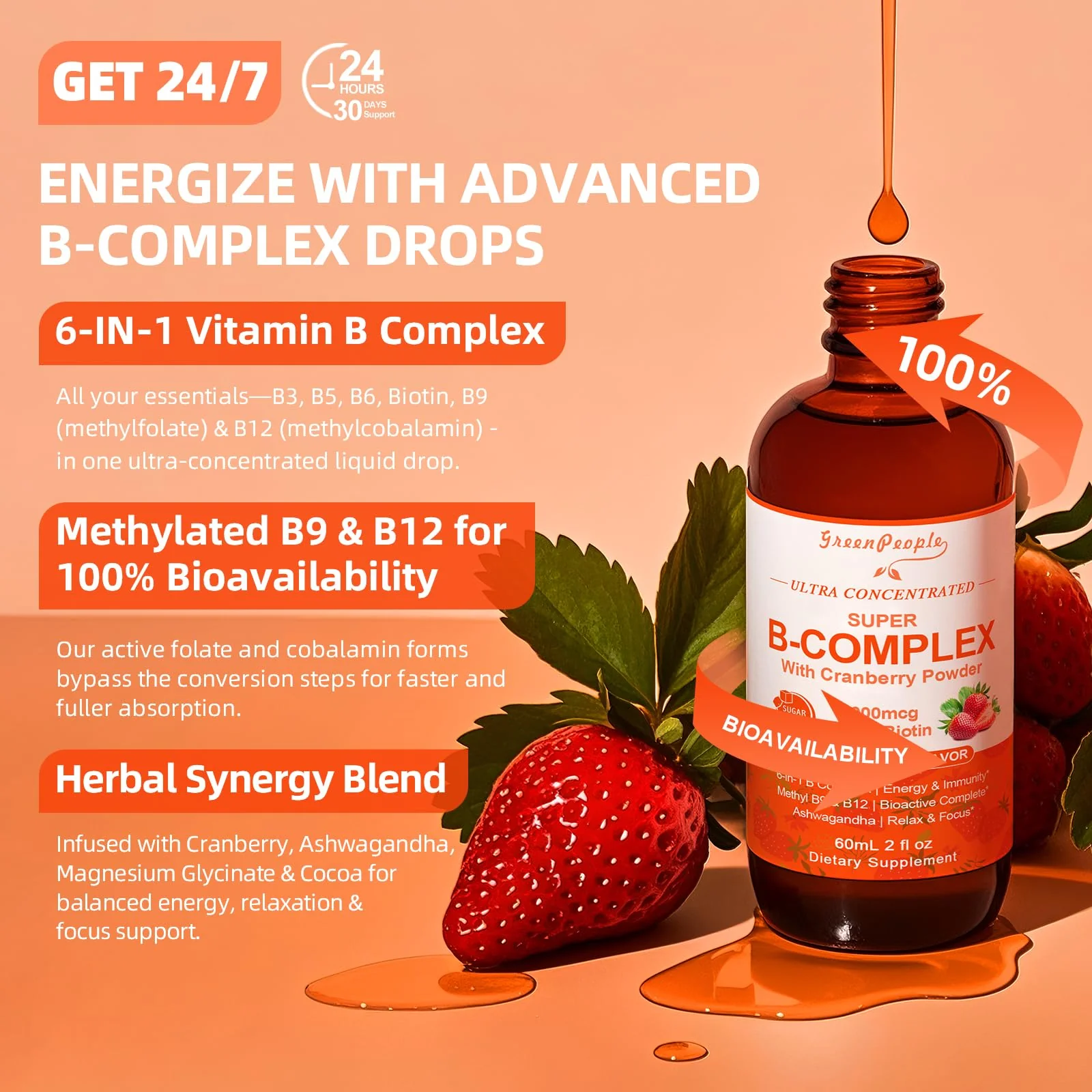 GREENPEOPLE Methylated B-Complex Liquid Drops | Methyl B12 + L-Methyl Folate | Energy & Metabolism Support | Strawberry Flavor | Vegan | 2 fl oz - Image 6