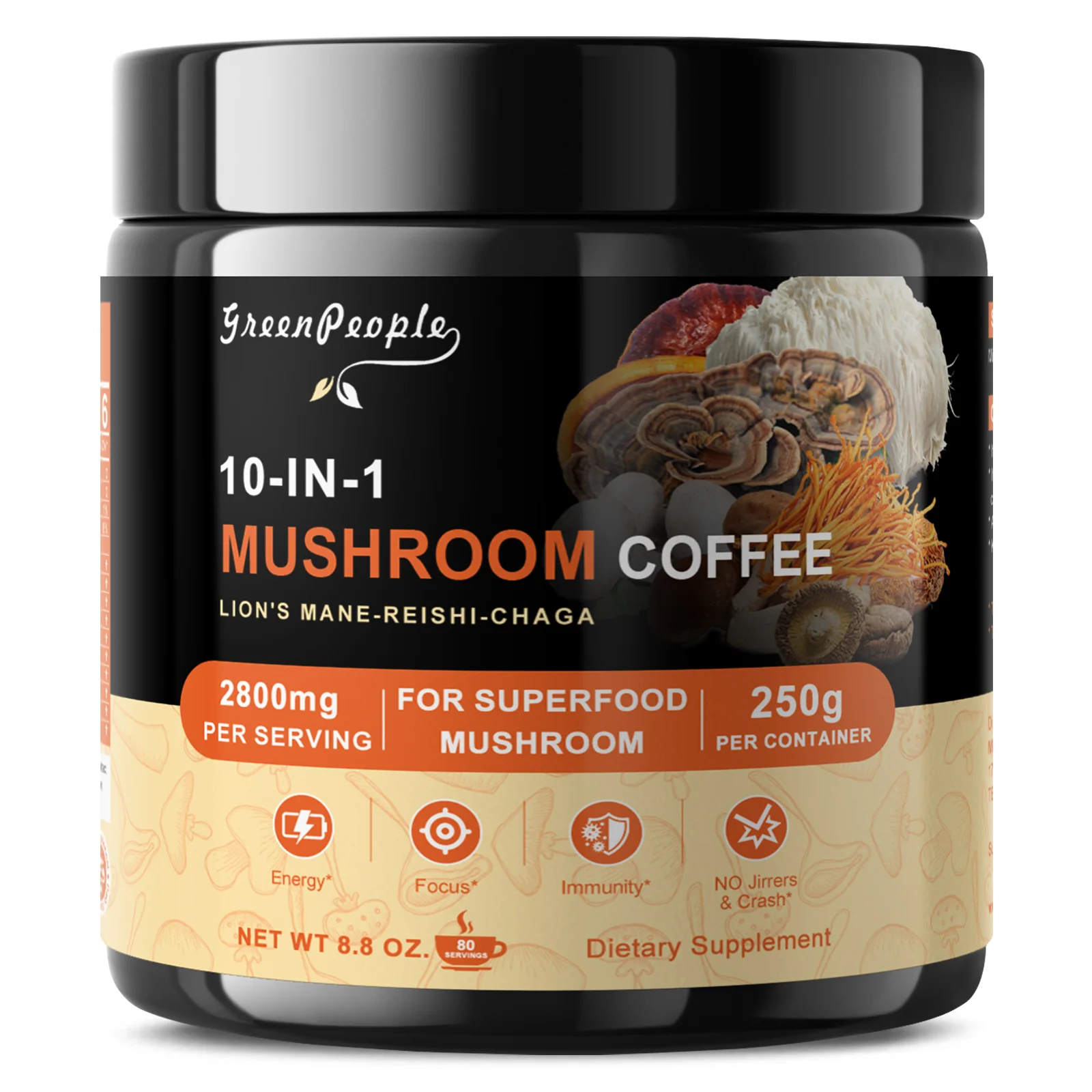 Mushroom Coffee Powder 2800 mg (80 Servings), 10-in-1 Mushroom Blend Supplement 250g (4.23 oz) by GreenPeople - Image 10