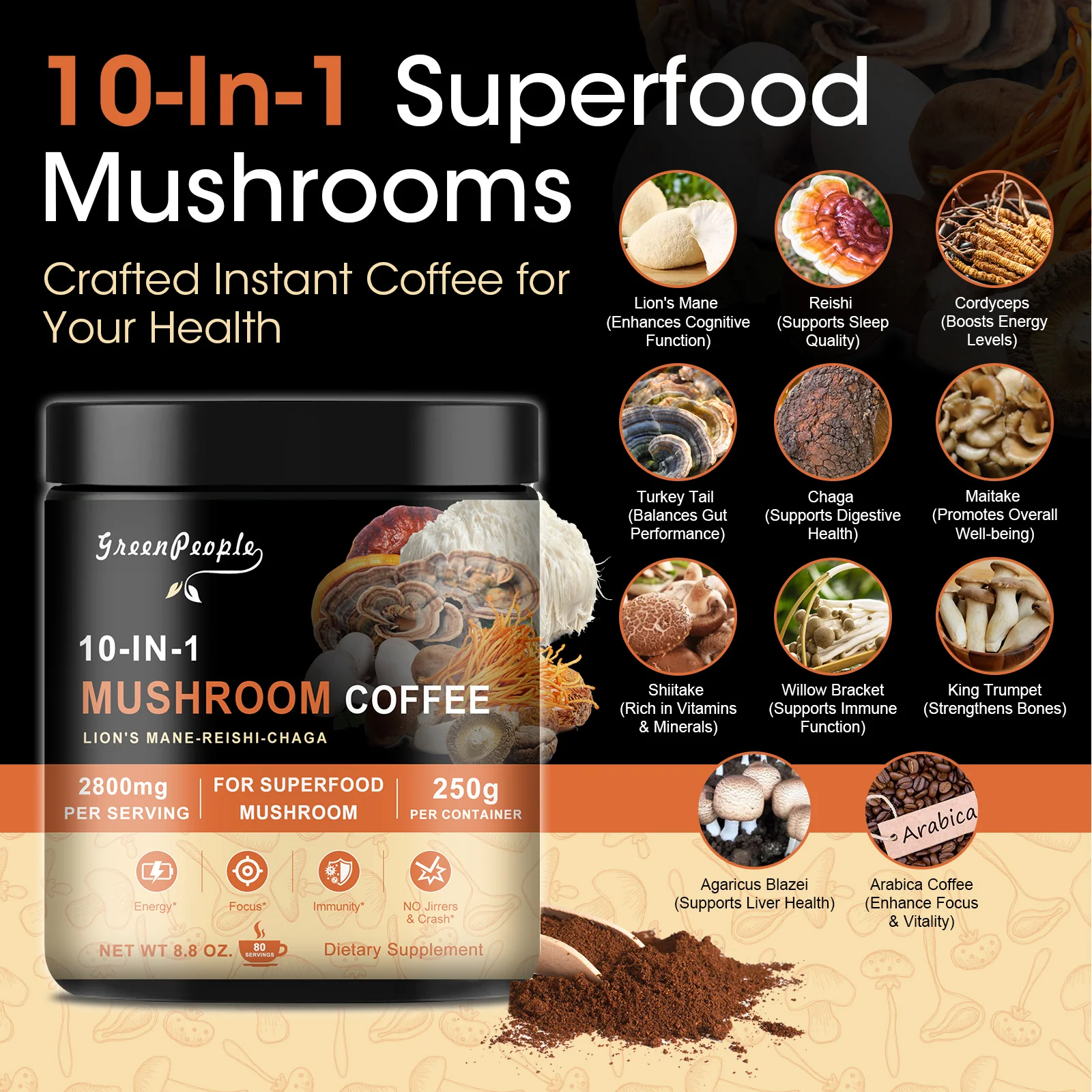 Mushroom Coffee Powder 2800 mg (80 Servings), 10-in-1 Mushroom Blend Supplement 250g (4.23 oz) by GreenPeople - Image 3