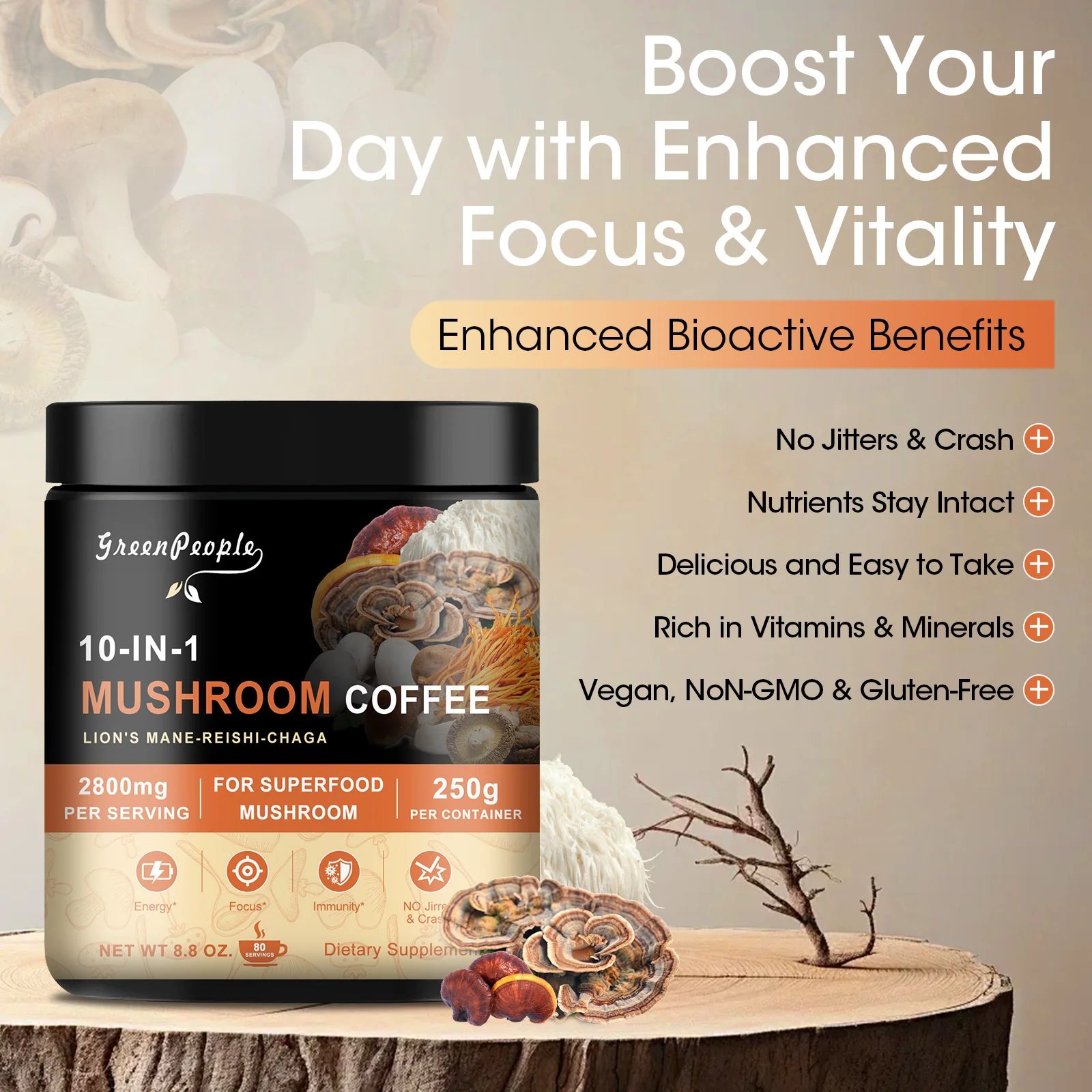 Mushroom Coffee Powder 2800 mg (80 Servings), 10-in-1 Mushroom Blend Supplement 250g (4.23 oz) by GreenPeople - Image 4