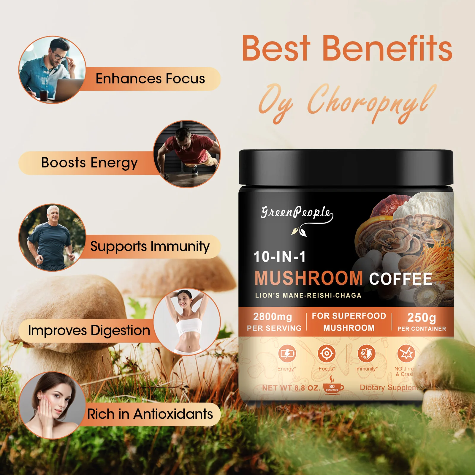 Mushroom Coffee Powder 2800 mg (80 Servings), 10-in-1 Mushroom Blend Supplement 250g (4.23 oz) by GreenPeople - Image 5