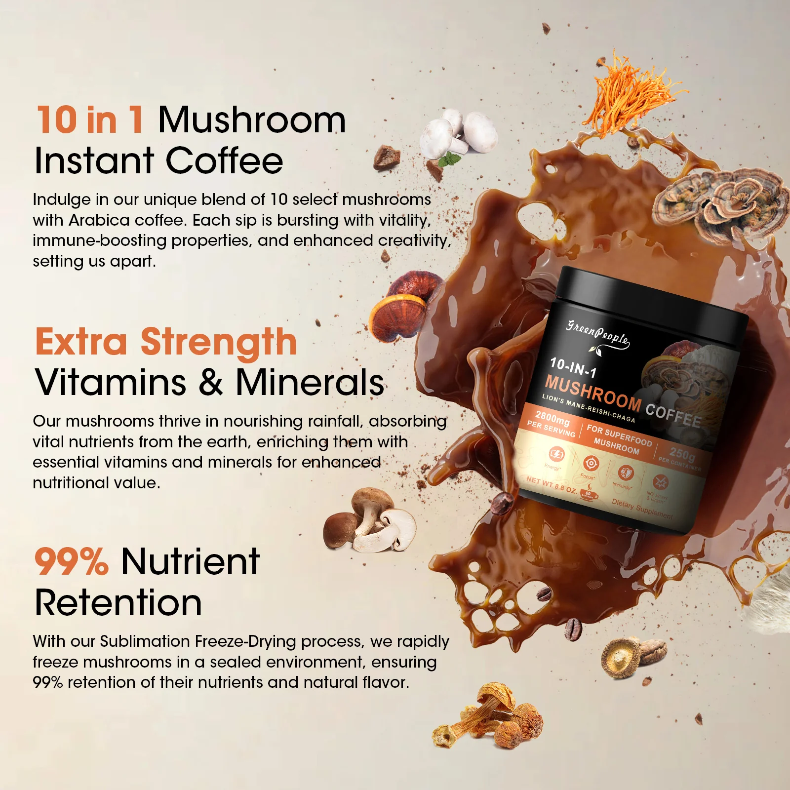 Mushroom Coffee Powder 2800 mg (80 Servings), 10-in-1 Mushroom Blend Supplement 250g (4.23 oz) by GreenPeople - Image 7