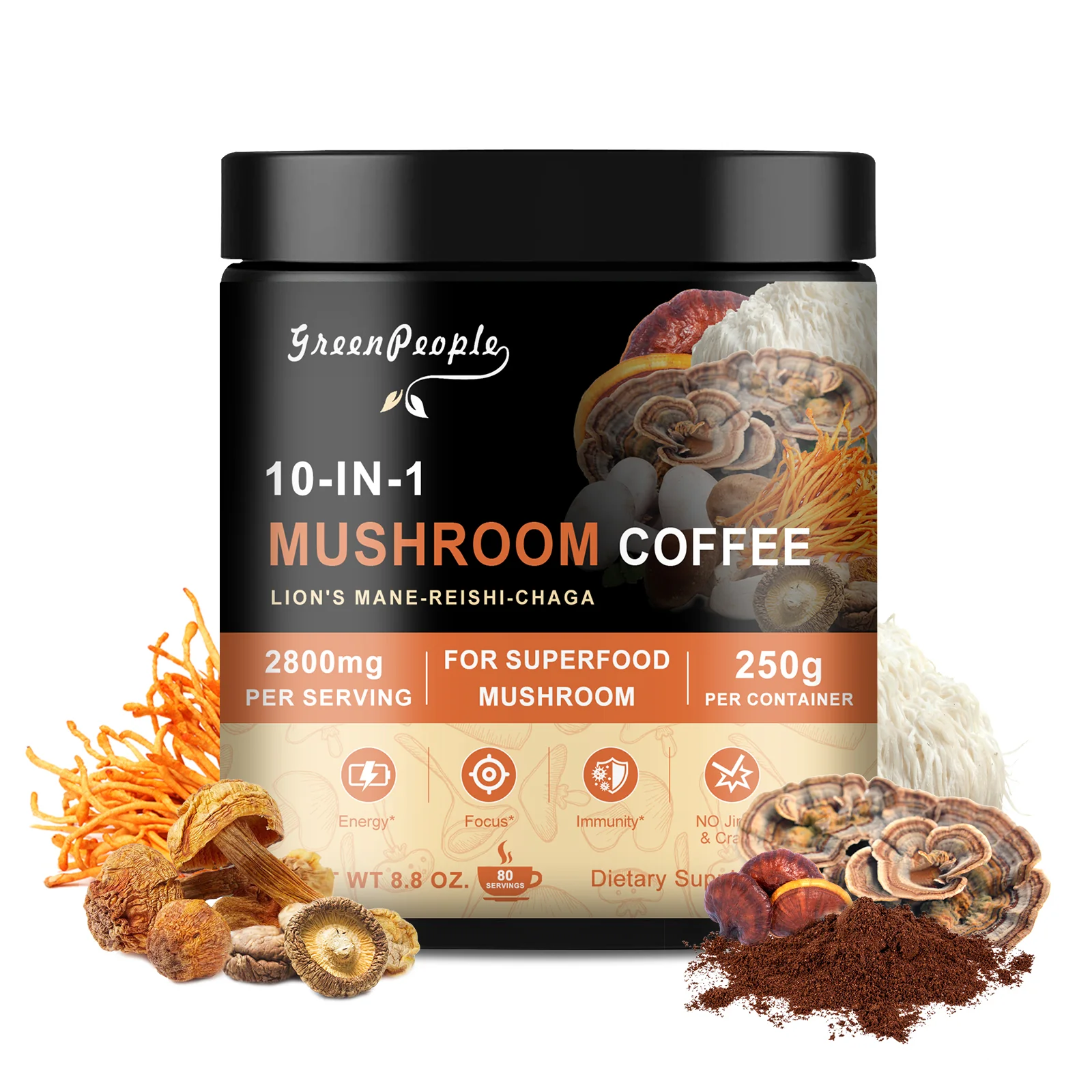 Mushroom Coffee Powder 2800 mg (80 Servings), 10-in-1 Mushroom Blend Supplement 250g (4.23 oz) by GreenPeople - Image 9