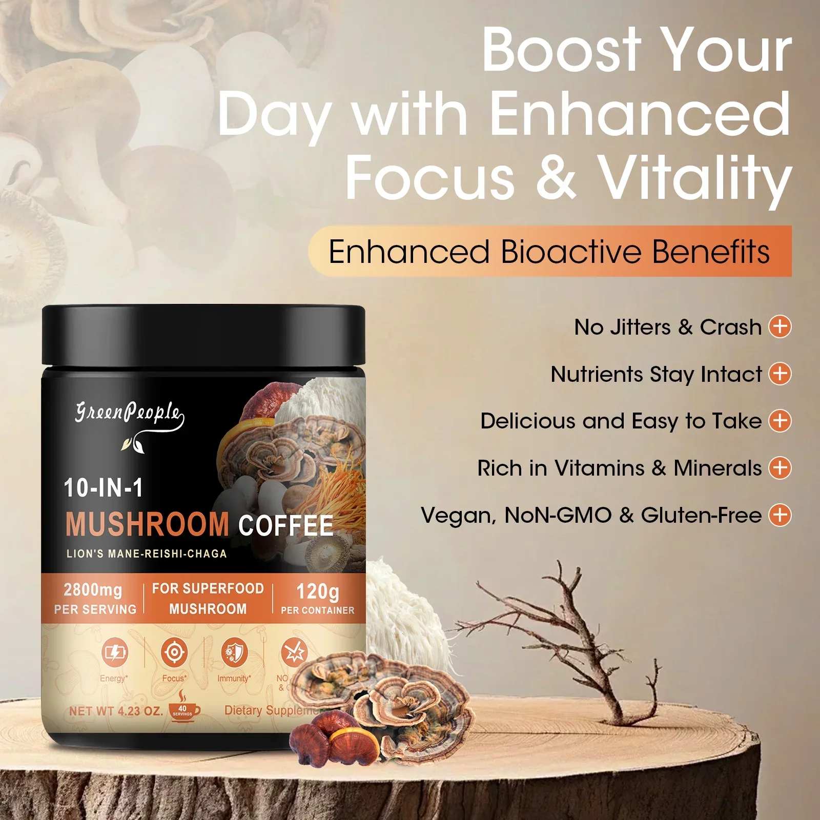 GreenPeople 10 in 1 Mushroom Coffee | Energy, Focus & Immune Support | 4.23 Oz - Image 3