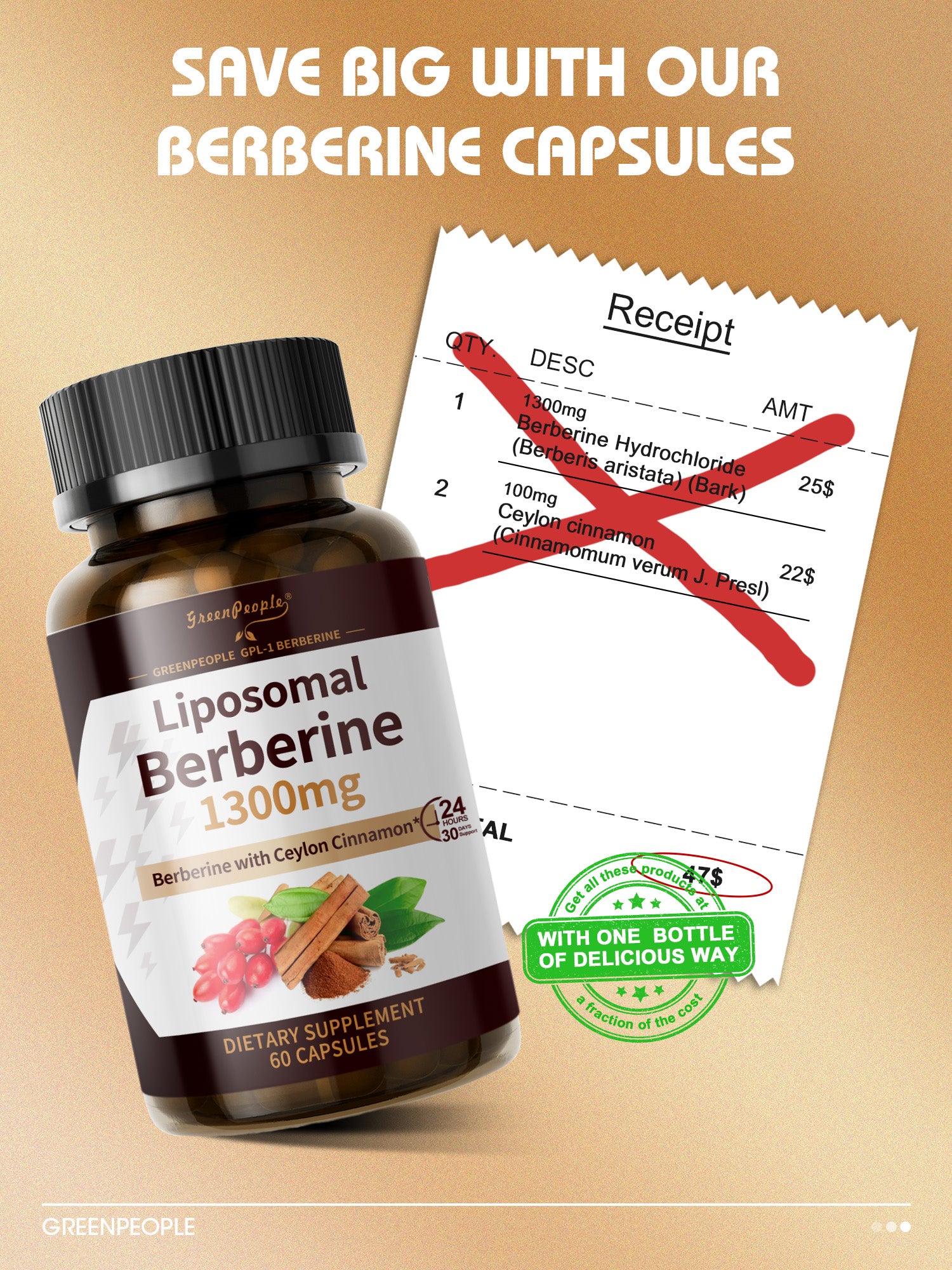 Liposomal Berberine HCl 1300mg with Ceylon Cinnamon – High Absorption, AMPK & GLP-1 Activator – 60 Vegan Capsules - Image 5