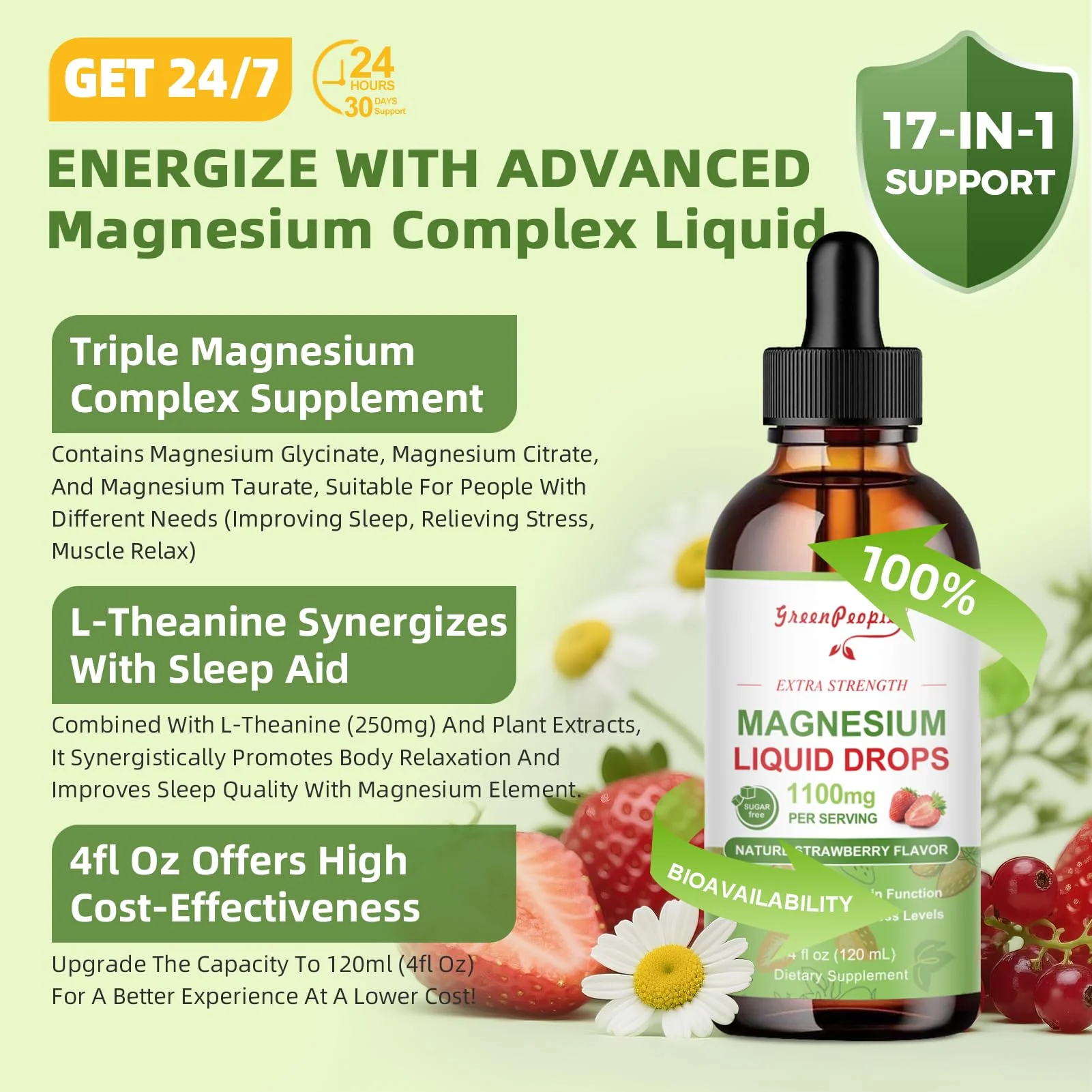GreenPeople Magnesium Glycinate Liquid Drops – 17-in-1 High Absorption Magnesium for Sleep, Calm Mood & Daily Wellness, Strawberry Flavor - Image 7