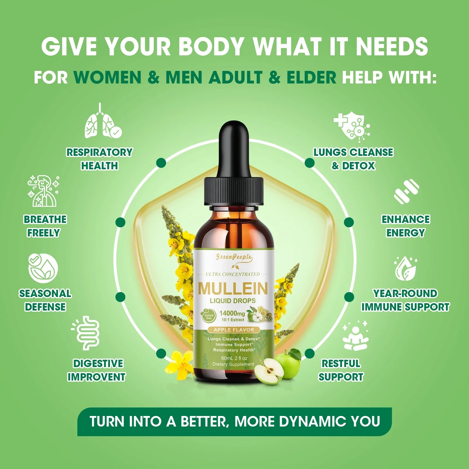 Mullein Drops for Lungs - Vegan mullein leaf extract Highly Absorption - Lung Cleanse & Immune Support, Apple Flavor, 60ml - Image 7
