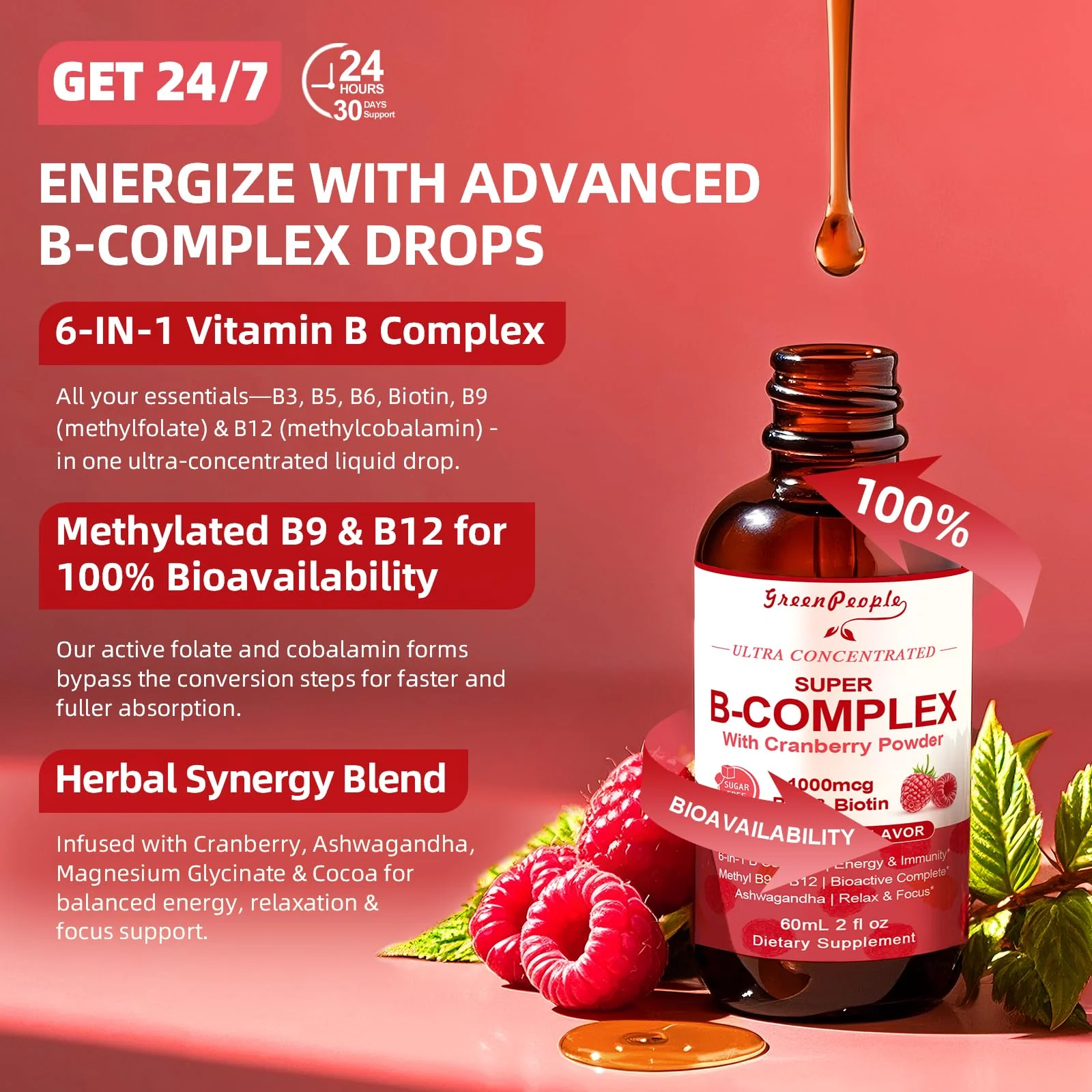 GreenPeople Super B-Complex Liquid Drops – Methyl B12 & Methyl Folate + B3, B5, B6, B7, Ashwagandha & L-Theanine for Energy, Focus & Immunity, Vegan Raspberry, 4 fl oz - Image 3